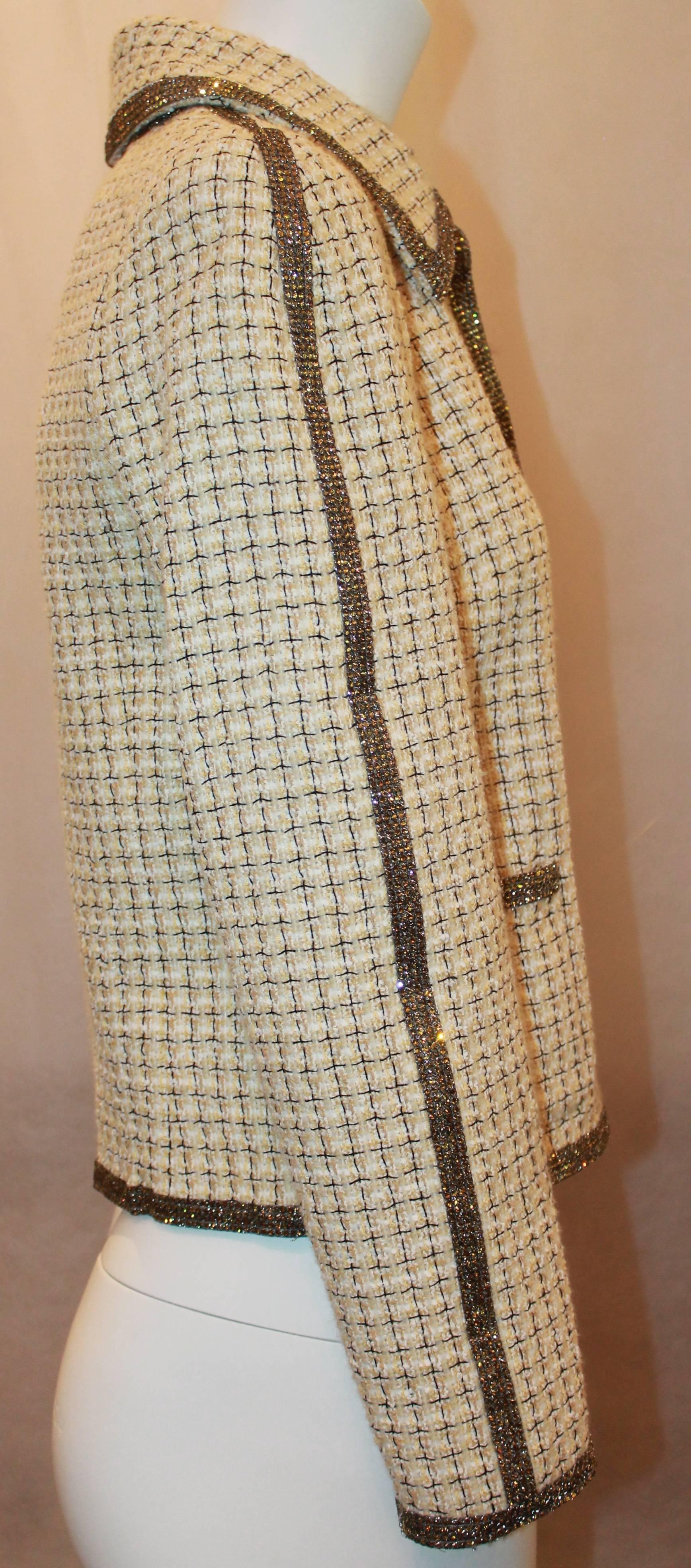Brown Chanel Ivory & Yellow Tweed Checkered Jacket w/ Topaz Colored Rhinestones - 36