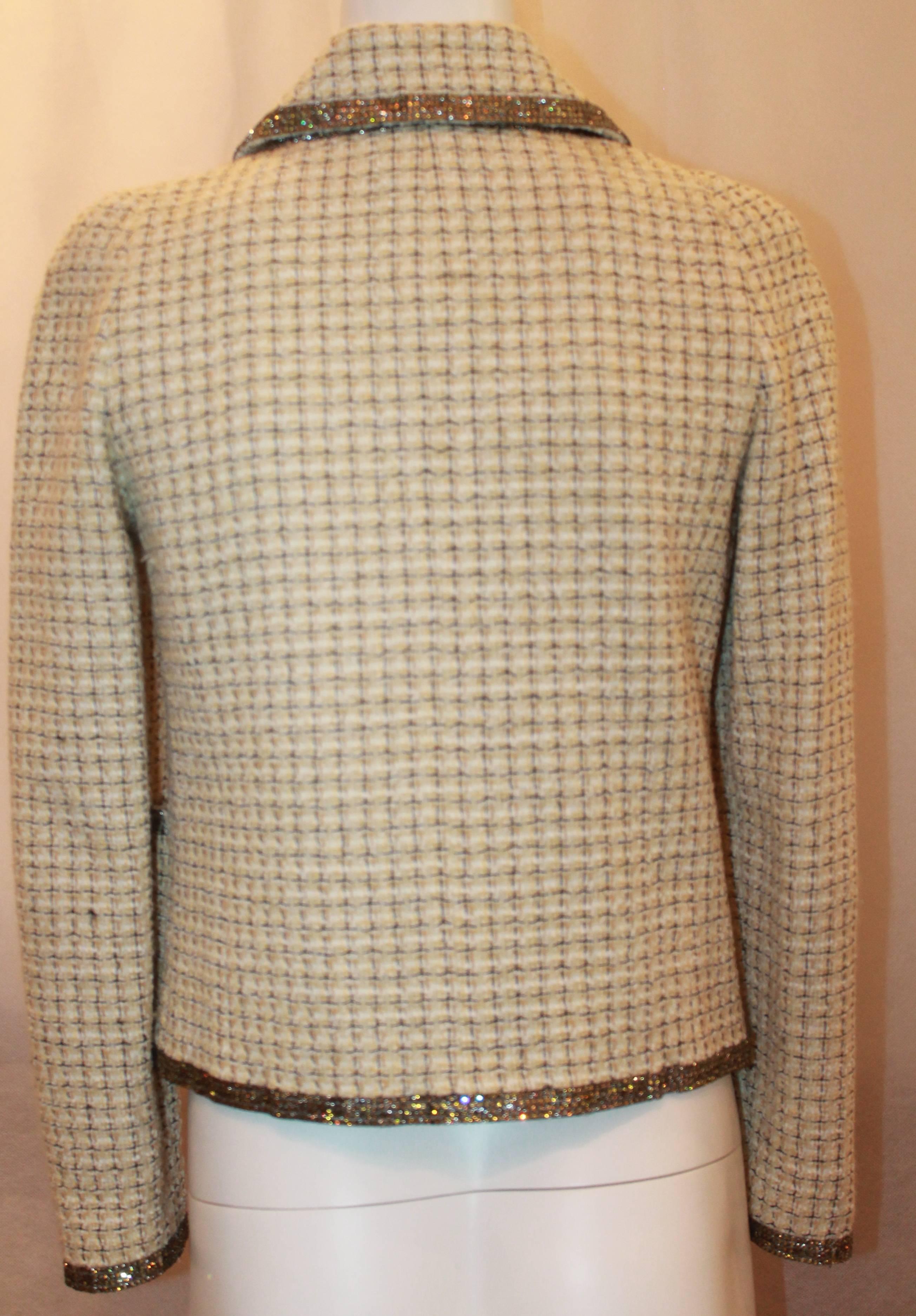 Chanel Ivory & Yellow Tweed Checkered Jacket w/ Topaz Colored Rhinestones - 36 In Excellent Condition In West Palm Beach, FL