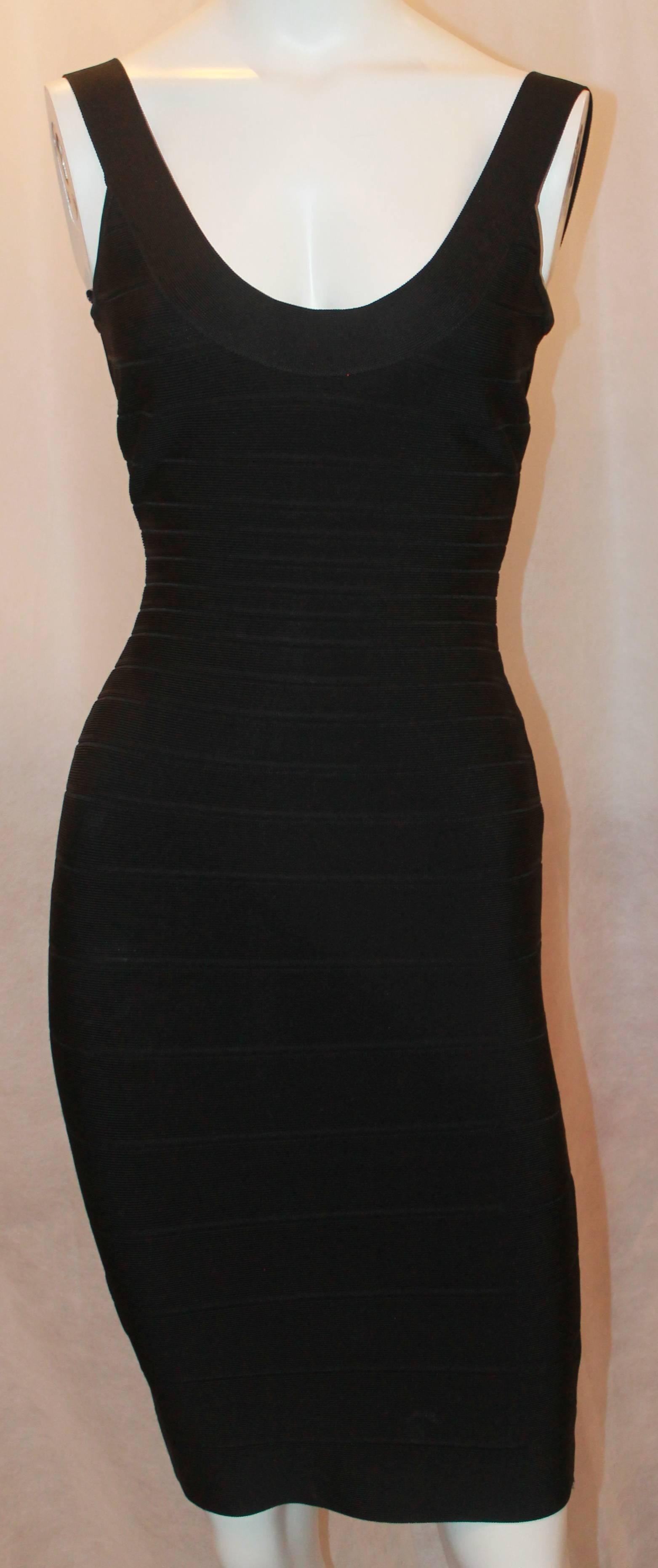 Herve Leger Black Horizontal Striped Spaghetti Strap Bandage Dress w/ Bolero - S.  This sexy dress is in excellent condition.  It features a form fitting horizontal bandage look, a matching elbow length bolero, and a plunging round neck.  This is