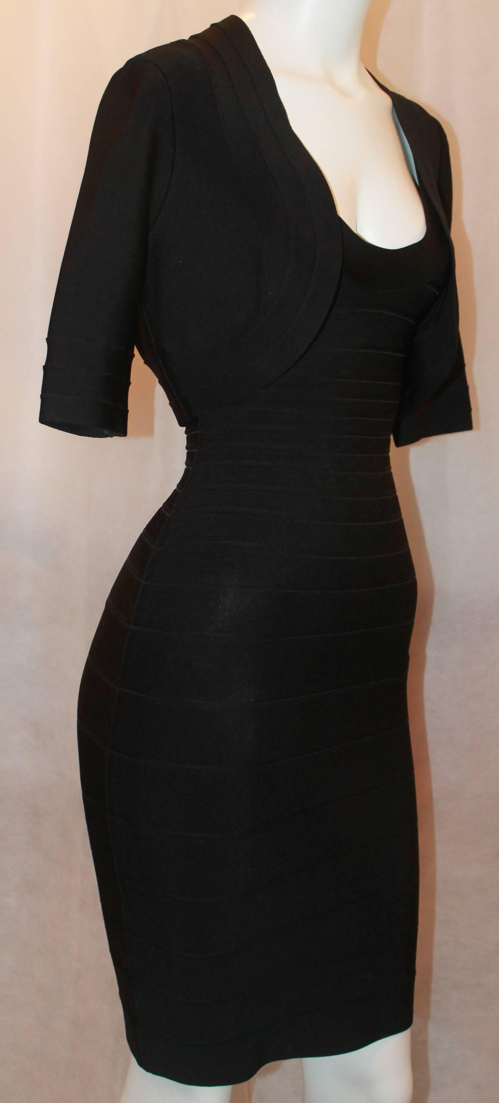 Herve Leger Black Horizontal Striped Spaghetti Strap Bandage Dress w/ Bolero - S In Excellent Condition In West Palm Beach, FL