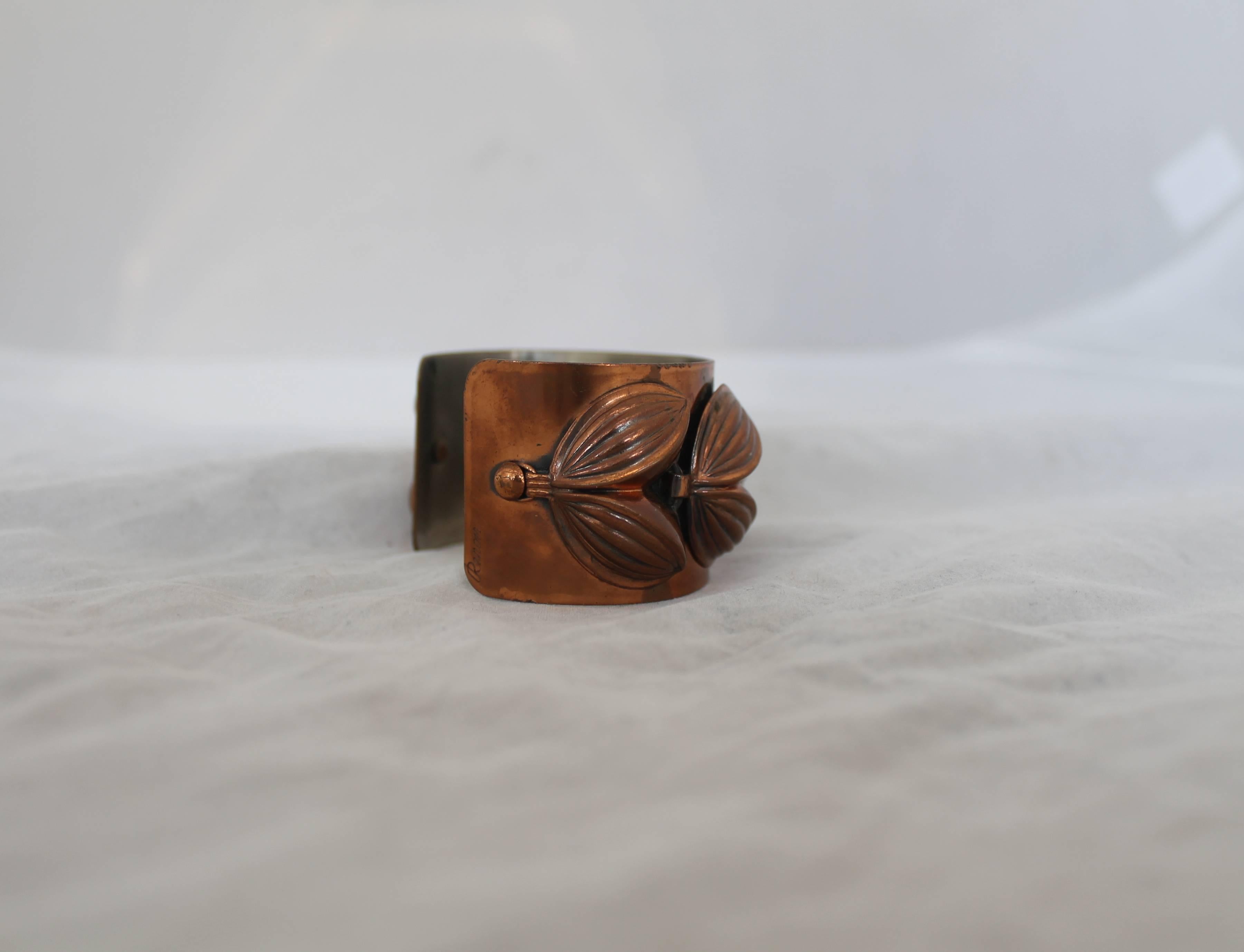 Renoir Vintage Copper Double Leaf Cuff Bracelet - 1950's.  This unique vintage bracelet is in good vintage condition with some wear consistent with its age, such as tarnishing.  It features a double leaf-looking design, the 