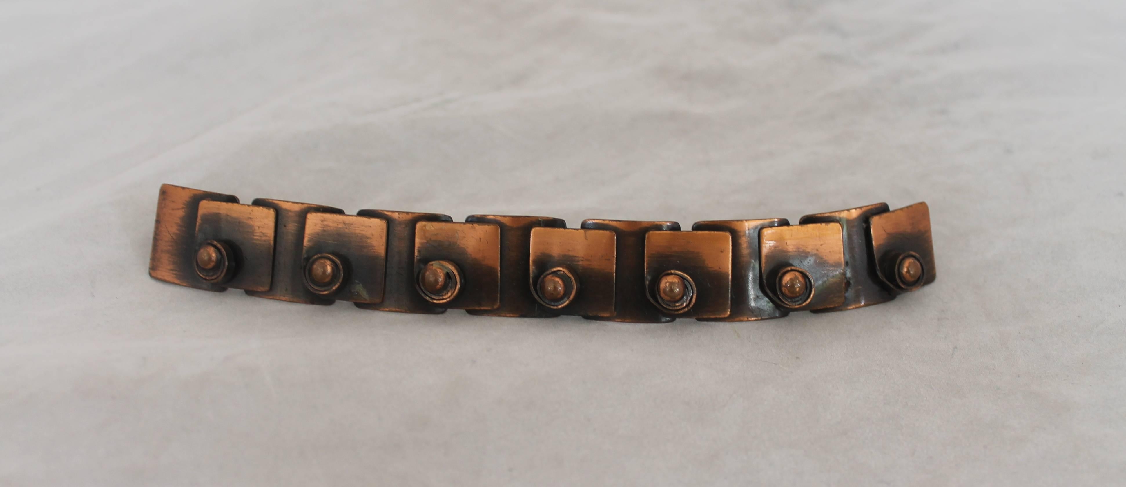 Rebajes Vintage Copper Geometric Link Bracelet - circa 1940's. This bracelet is in fair vintage condition with tarnishing consistent with the piece's age. The links are composed of squares with other squares on top of them and a small 3-D circle