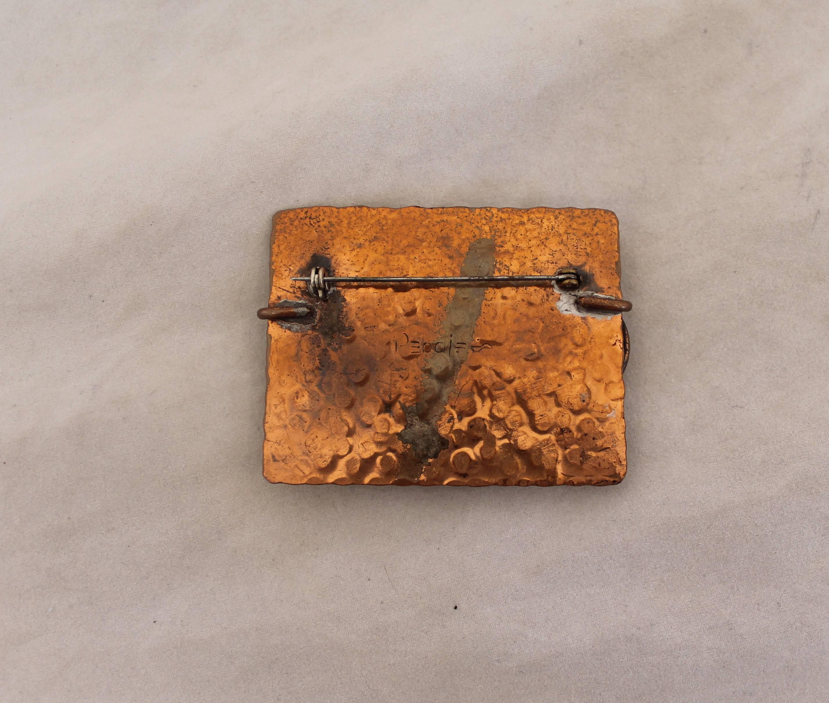 Rebajes Vintage Hammered Copper w/ Coil Pin - 1950's.  This artsy vintage pin is in very good vintage condition with only some wear consistent with its age.  it features a hammered copper, a coil design, and a darkened area behind the coil for added