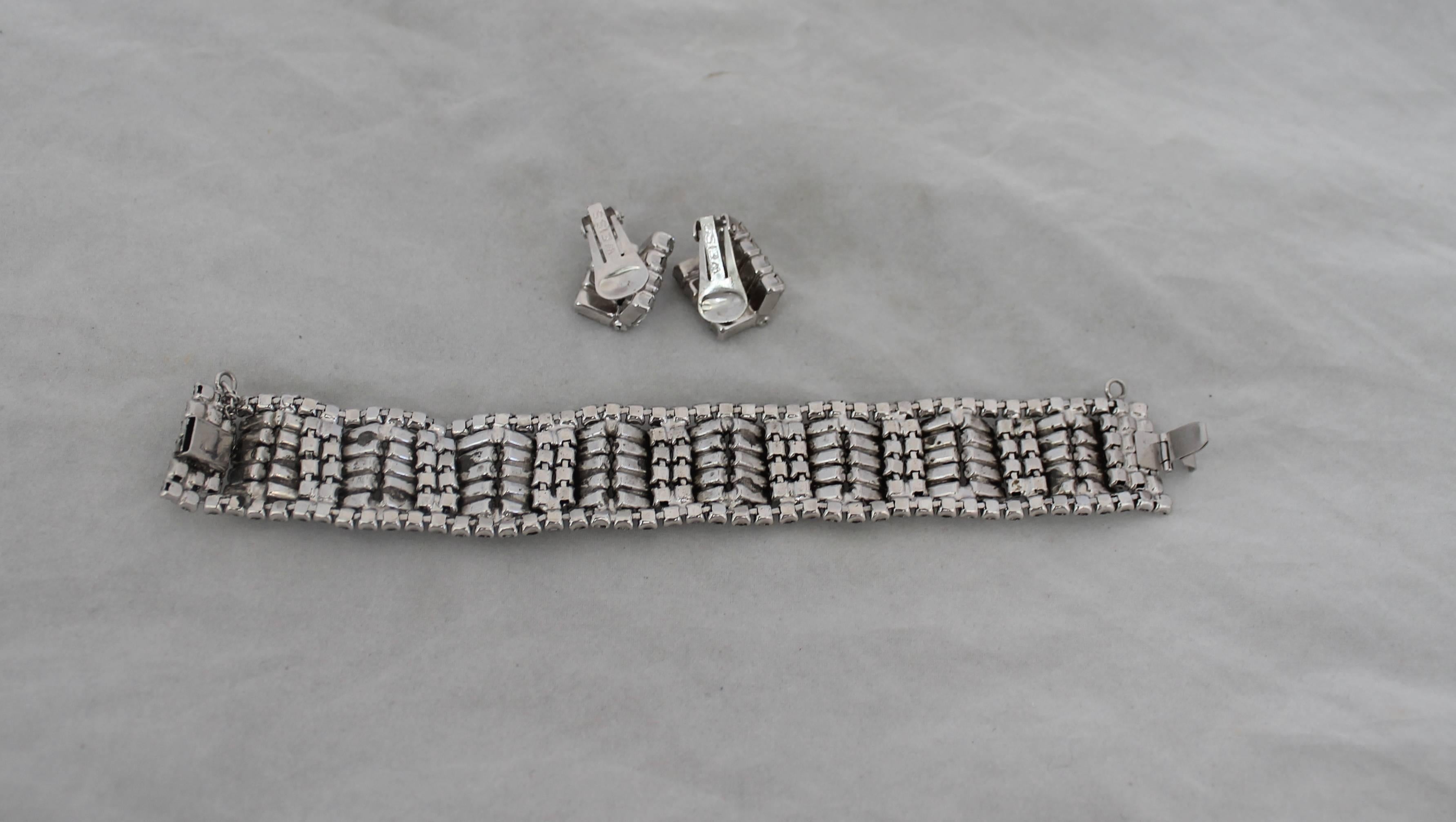 Weiss Vintage Art Deco Style Rhinestone Demi Parure - circa 1950's. These pieces are in excellent vintage condition with no stones missing. They have baguette-like rhinestones in a stack shape to give them an art deco feel. The earrings are also