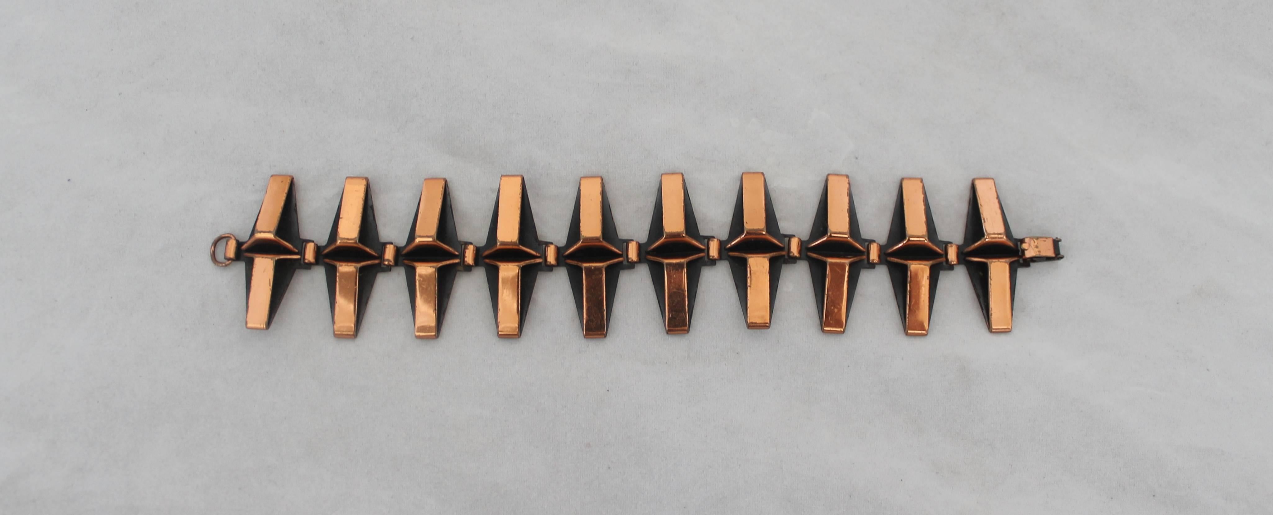 Matisse-Renoir Vintage Copper Double Diamond Link Bracelet - Circa 1950's.  This edgy vintage bracelet is in very good vintage condition with only some wear consistent with its age.  It features a double diamond appearance, copper metal, black