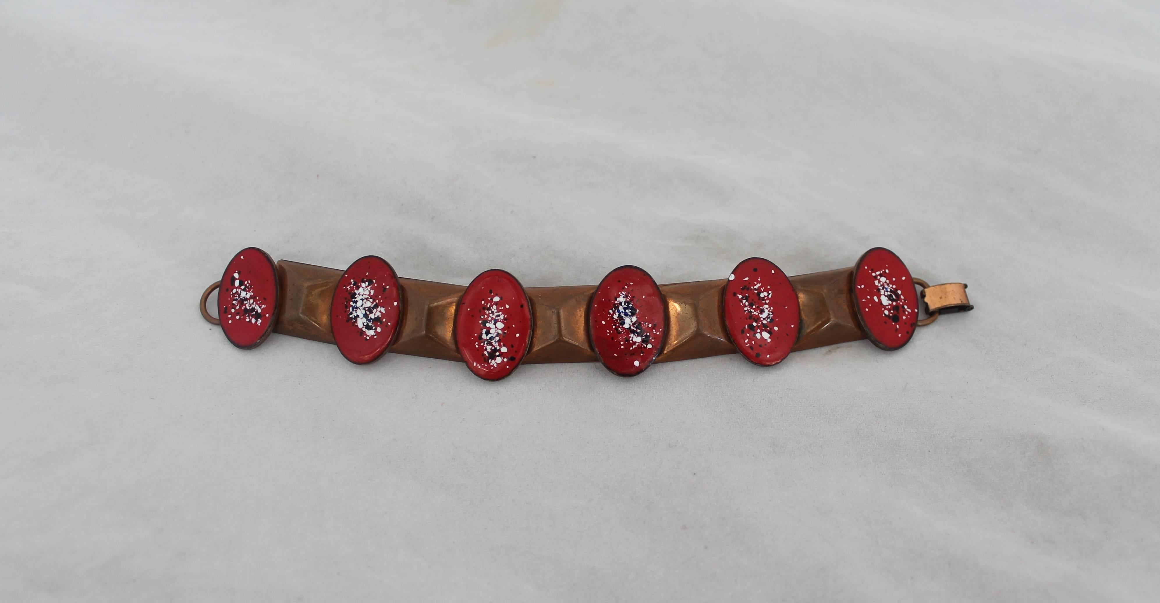 Rebajes Vintage Copper and Red Enamel Oval Bracelet - Circa 1950's.  This artsy vintage bracelet is in good condition with only some wear consistent with its age.  It features a lovely copper metal with some dark brushing for added depth, red enamel