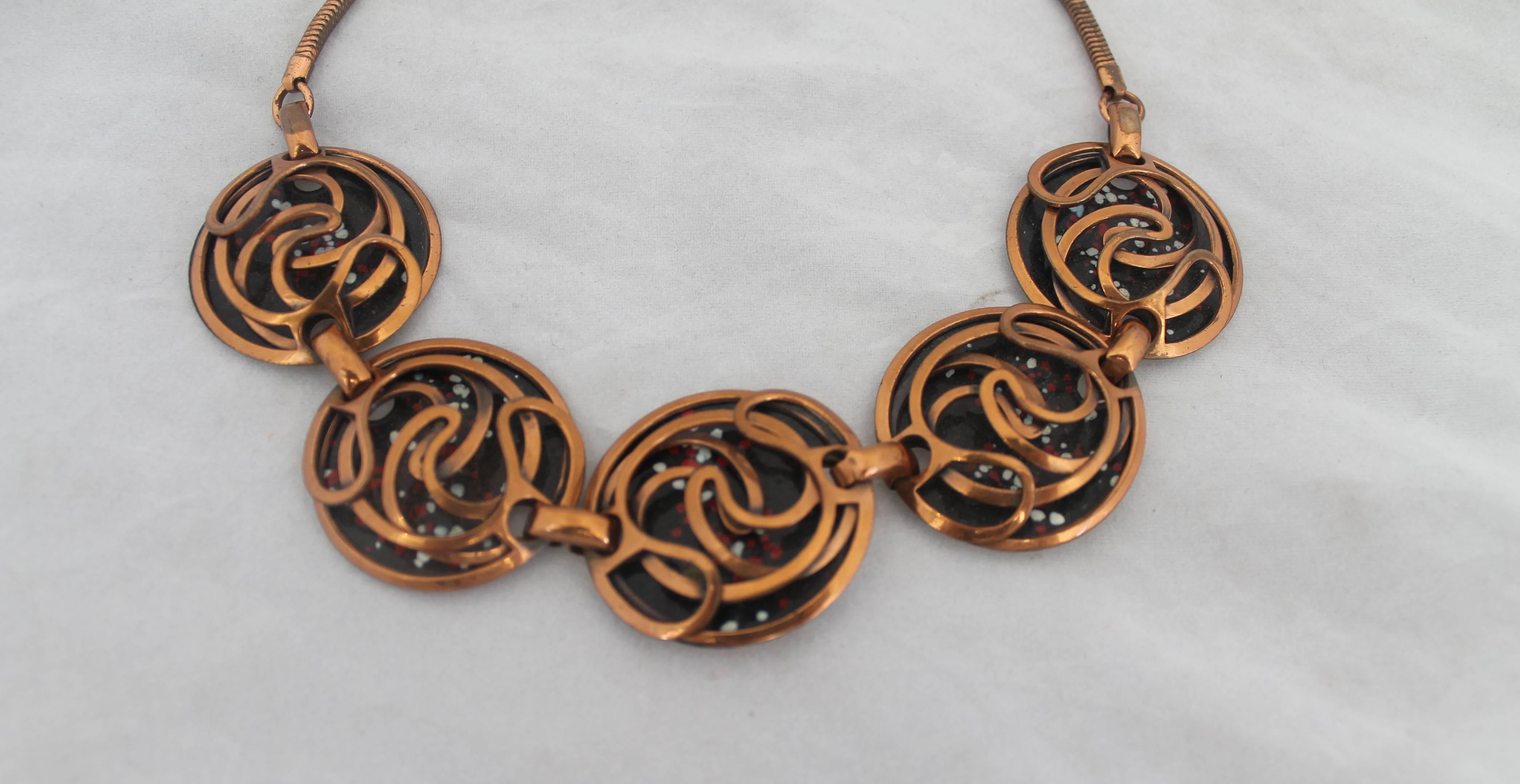 Rebajes Vintage Copper and Black Enamel Necklace w/ Swirl Design - circa 1950's.  This beautiful necklace is in very good vintage condition with only some wear consistent with its age.  It features an artsy copper swirl pattern, black enamel with