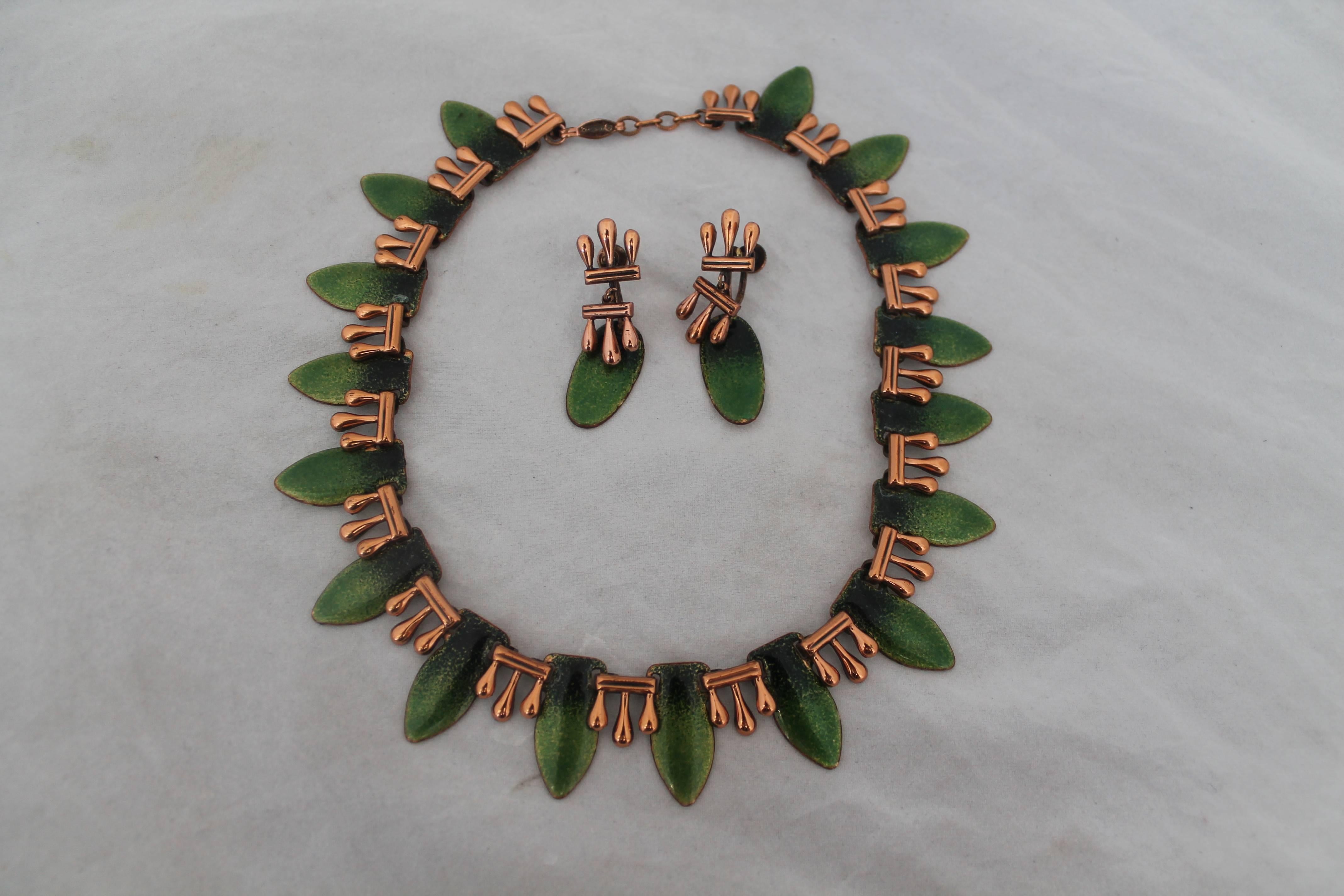 Matisse Renoir Vintage Copper & Green Enamel - 3-Piece Parure - circa 1950's.  This three piece set is in excellent vintage condition.  It is a set consisting of a bracelet, a necklace, and earrings.  It features copper, green enamel, and they are