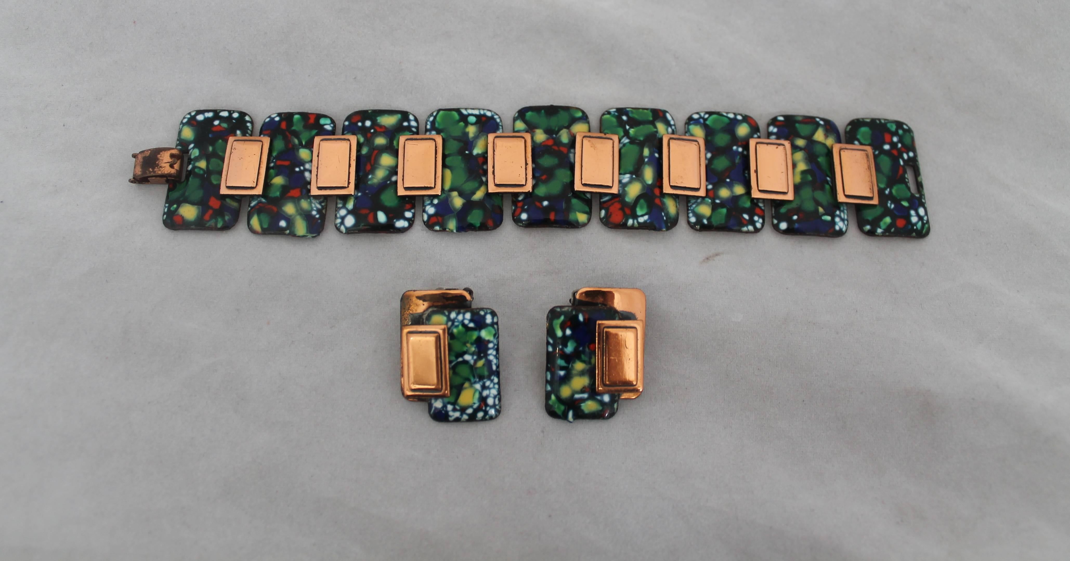 Matisse Renoir Vintage Copper & Multicolor Enamel Demi Parure - circa 1950's.  This earring and bracelet set is in very good vintage condition.  It features a lovely copper, artsy multicolored speckled and navy enamel, and they are signed 