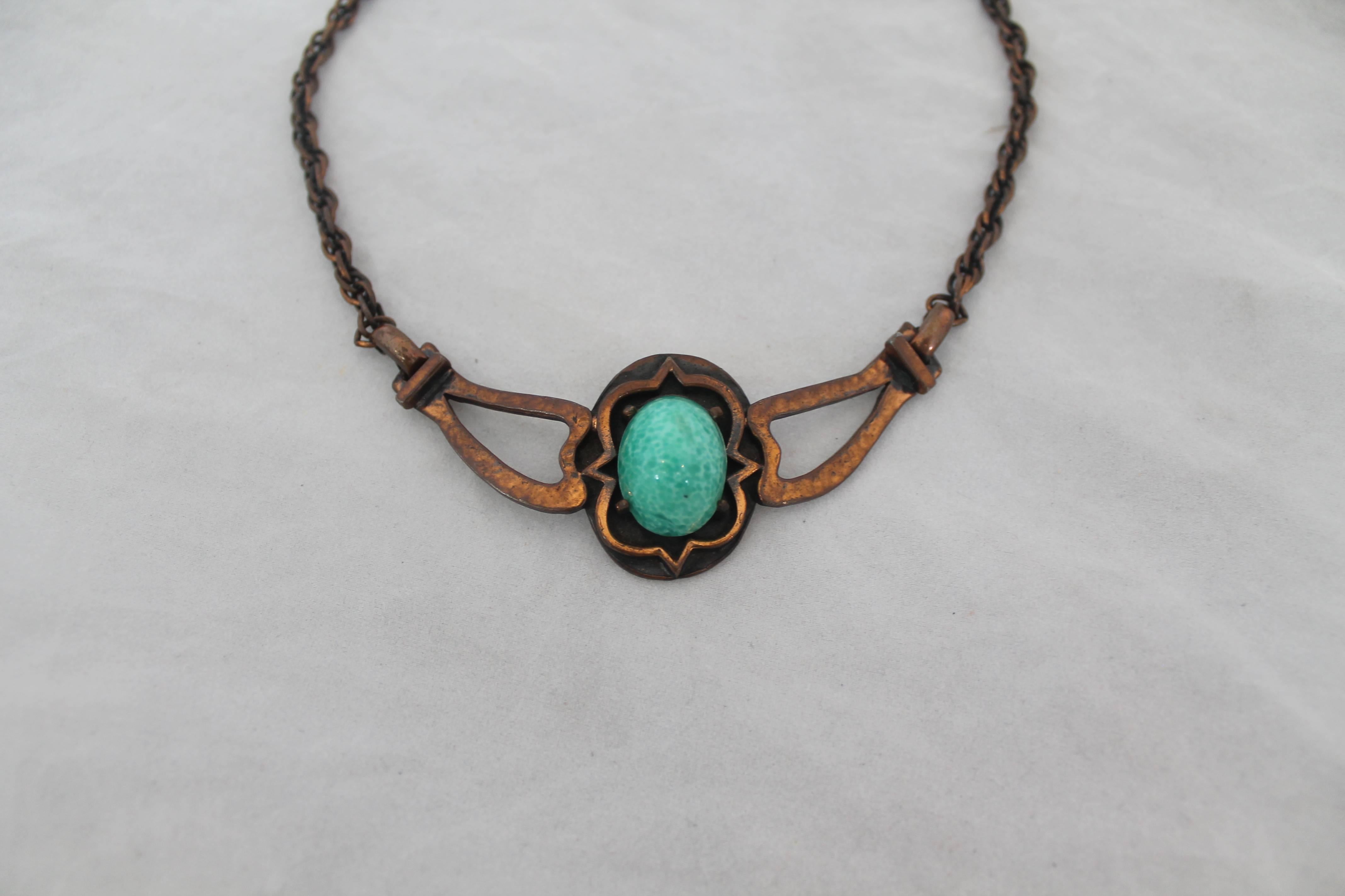 Rebajes Vintage Copper Necklace w/ Blue Stone - circa 1960's.  This necklace is in excellent vintage condition.  It features a hammered copper and a striking blue stone.  It is signed 