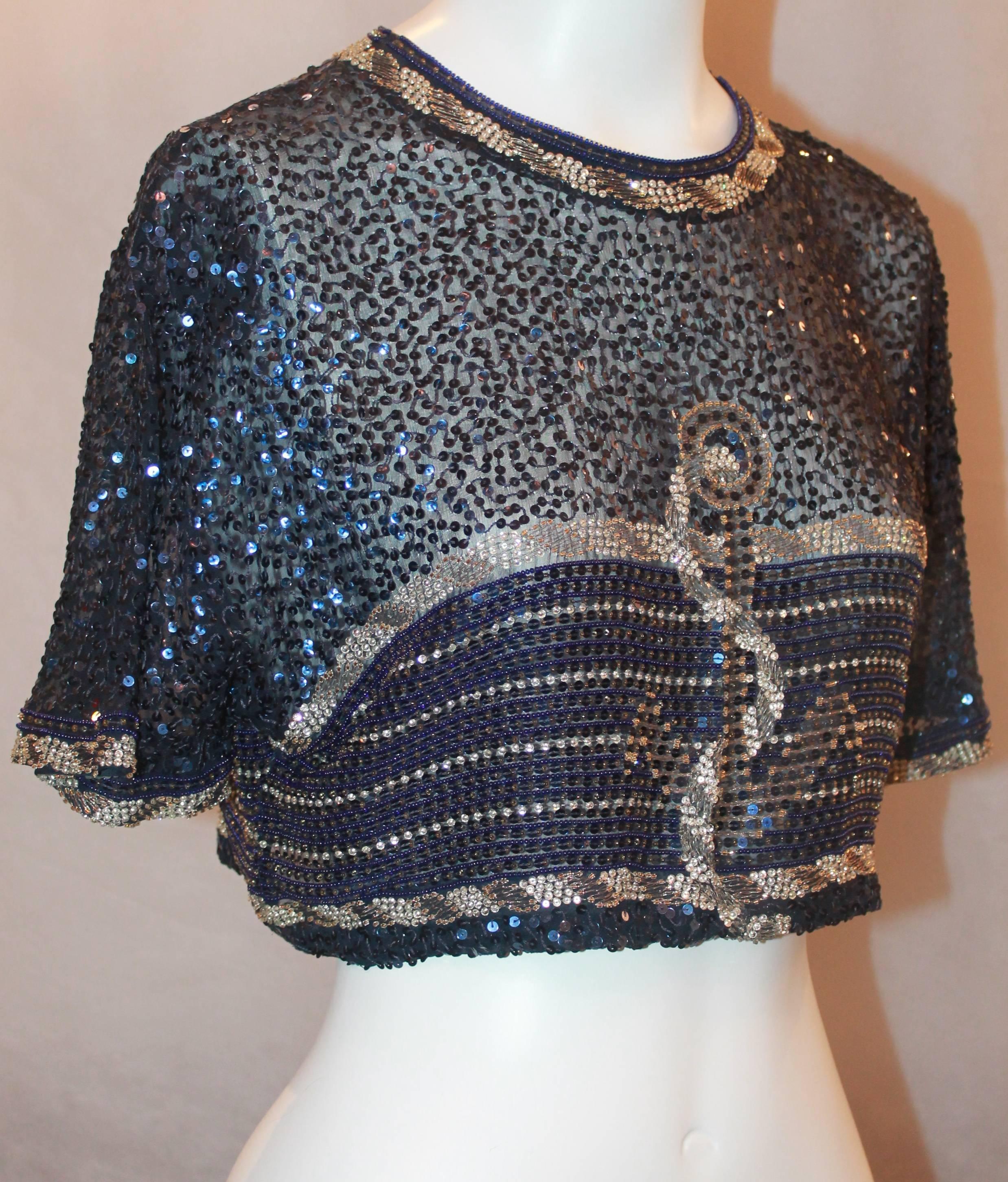 Vintage Unknown Navy and Gold, Bead and Sequin Anchor Design Short Sleeve Crop Top - S.  This gorgeous crop top is in excellent condition.  It features a charming anchor design with bugle beads, silver sequins, and gold threads and beads.  It also
