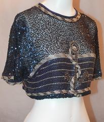 Vintage Black & Gold Beaded and Sequined Crop Top with Anchor Design - S