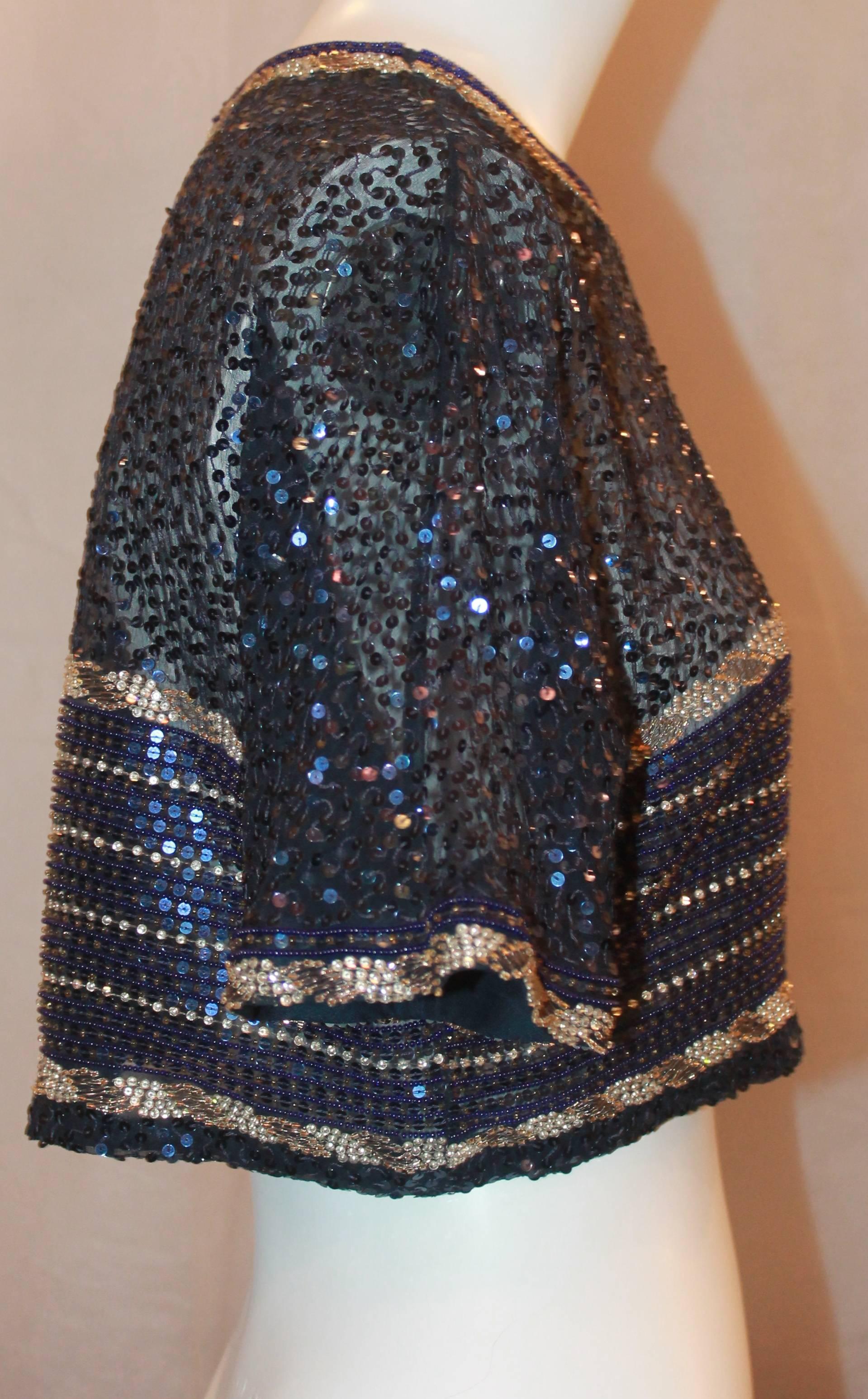 Vintage Black & Gold Beaded and Sequined Crop Top with Anchor Design - S In Excellent Condition In West Palm Beach, FL