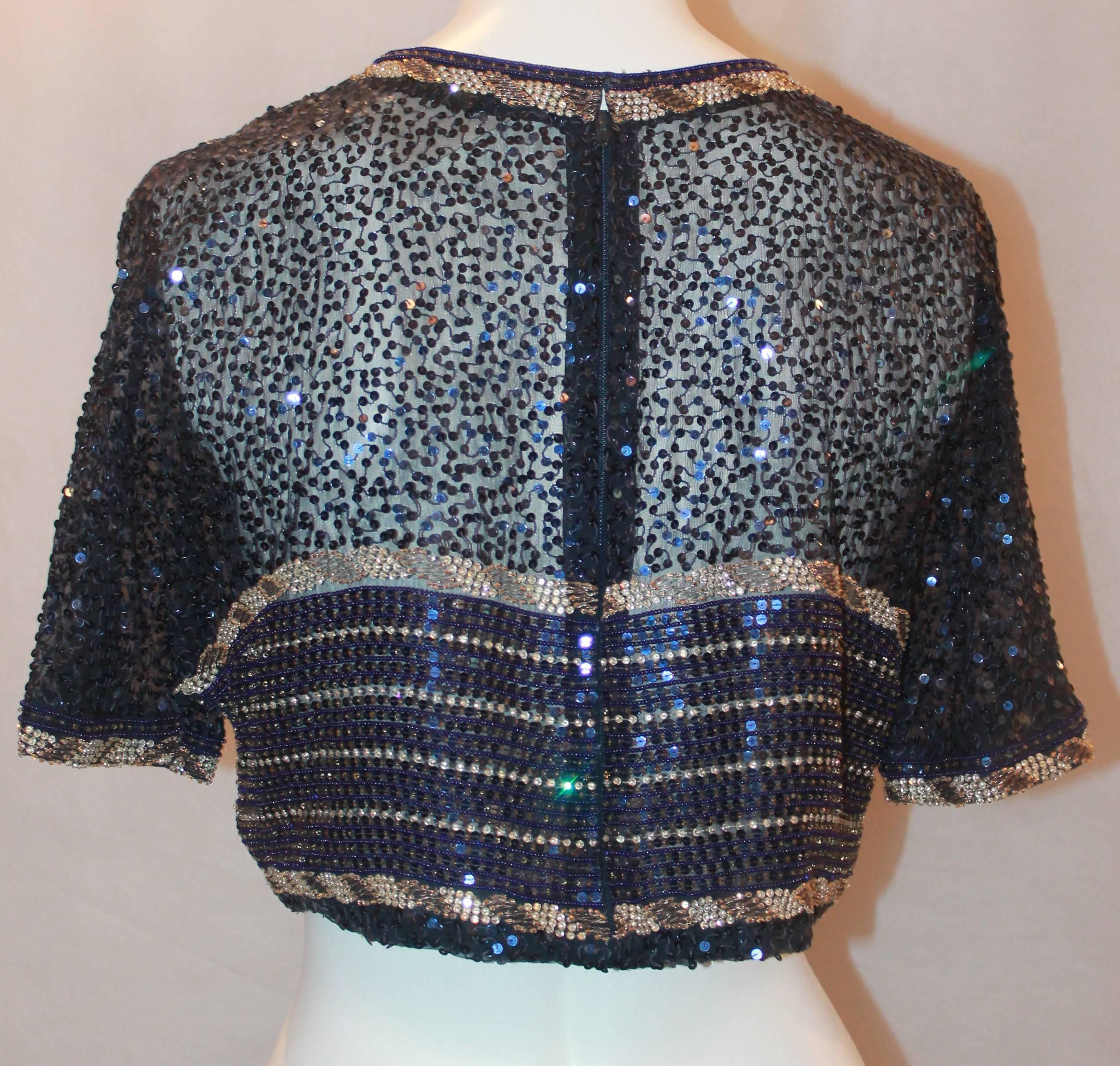 Women's Vintage Black & Gold Beaded and Sequined Crop Top with Anchor Design - S