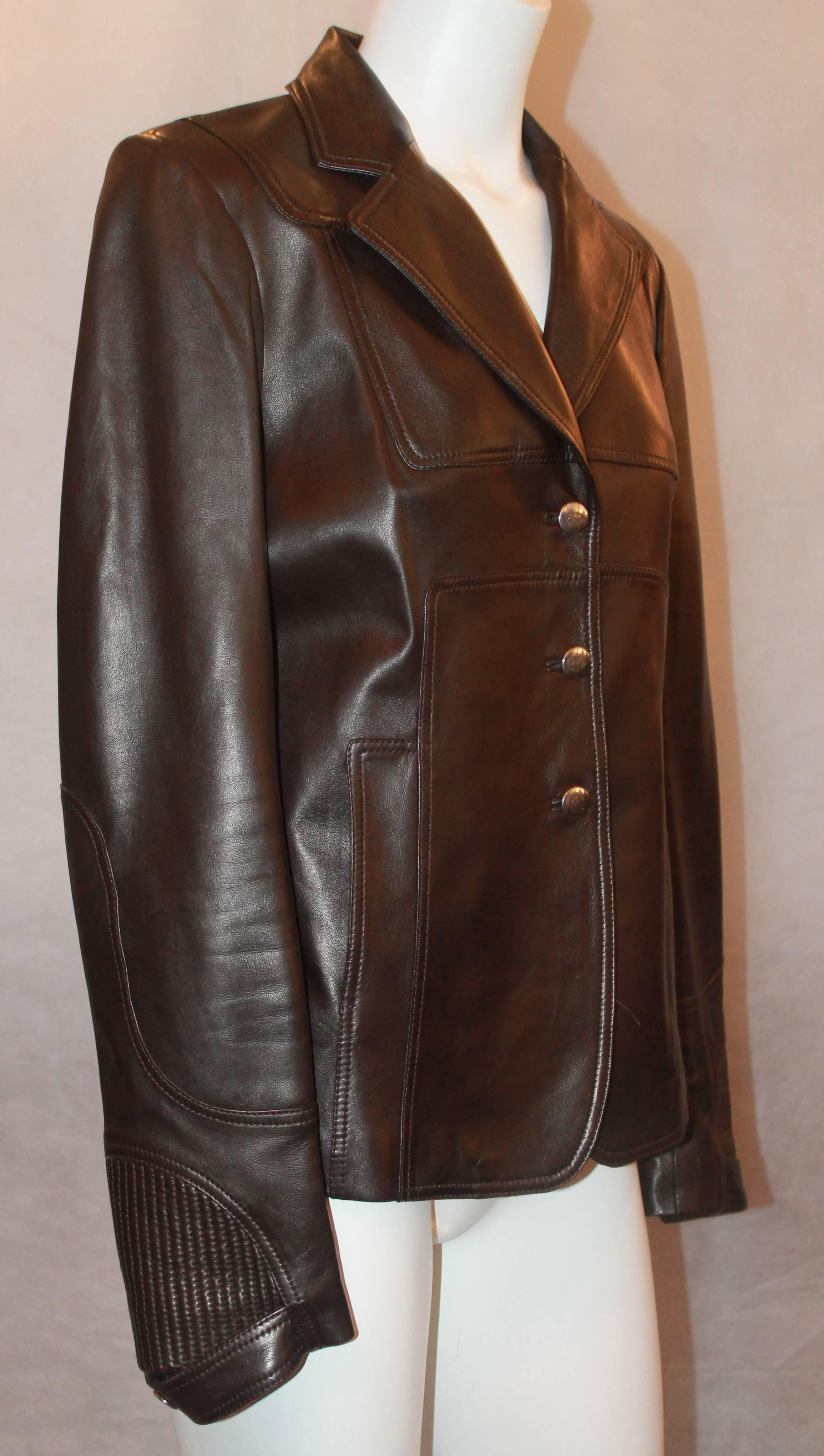 Gucci Chocolate Leather Fitted Jacket - 8.  This beautiful Gucci jacket is in excellent condition.  It features a lovely chocolate brown leather, a fitted shape, three silver 