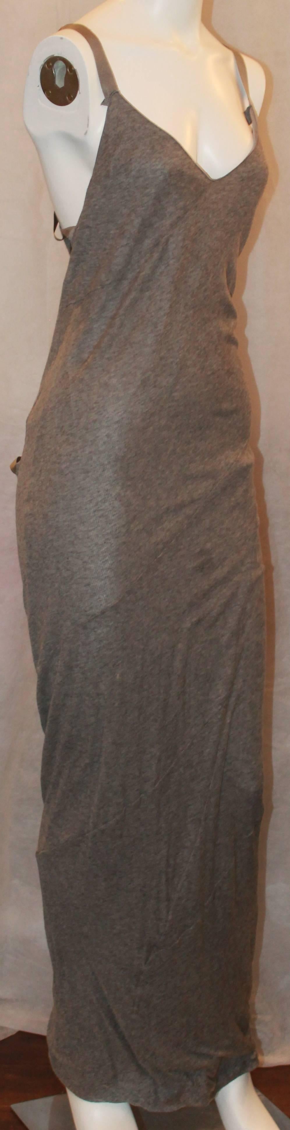 Nina Ricci Grey Cashmere Maxi Dress w/ Silk Ribbon Straps - 36.  This dress is in excellent condition.  It features a silk lining, silk ribbon/knot in a criss cross fashion in the back, and deep v neck in the front.

Measurements:
Bust:
