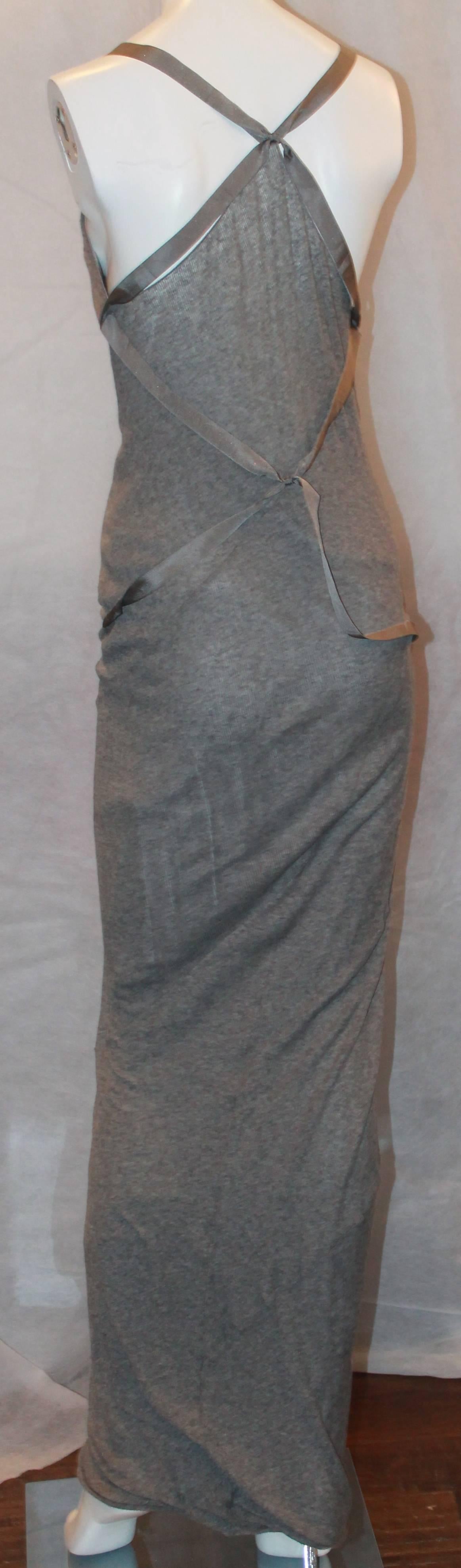Nina Ricci Grey Cashmere Maxi Dress w/ Silk Ribbon Straps - 36 In Excellent Condition In West Palm Beach, FL