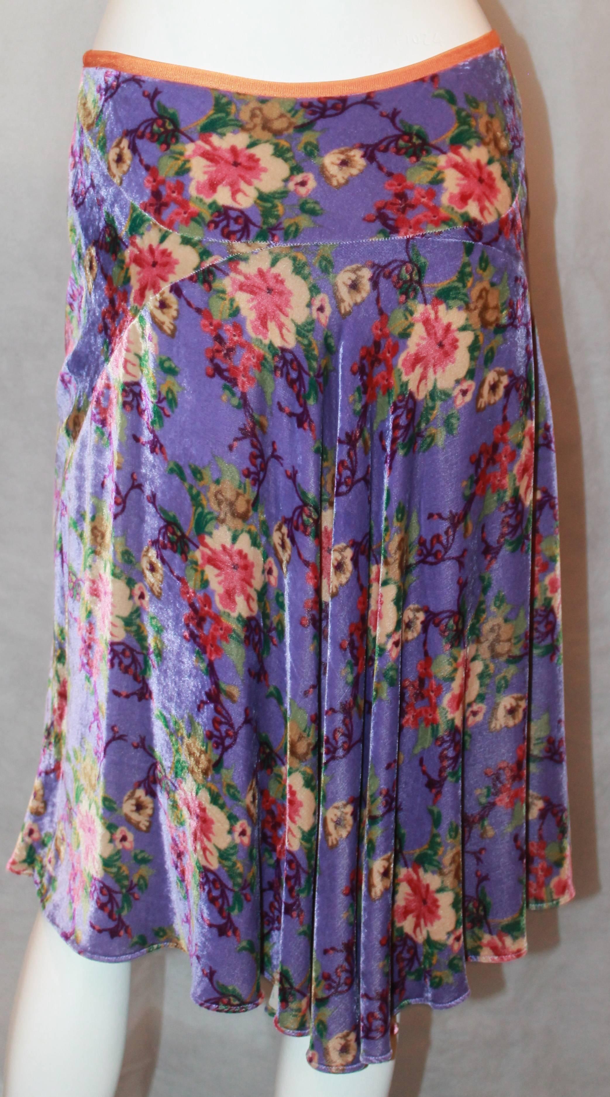 Gray Etro Purple Velvet A-Line Skirt w/ Subtle Fish Tail & Floral Pattern - 8/42
