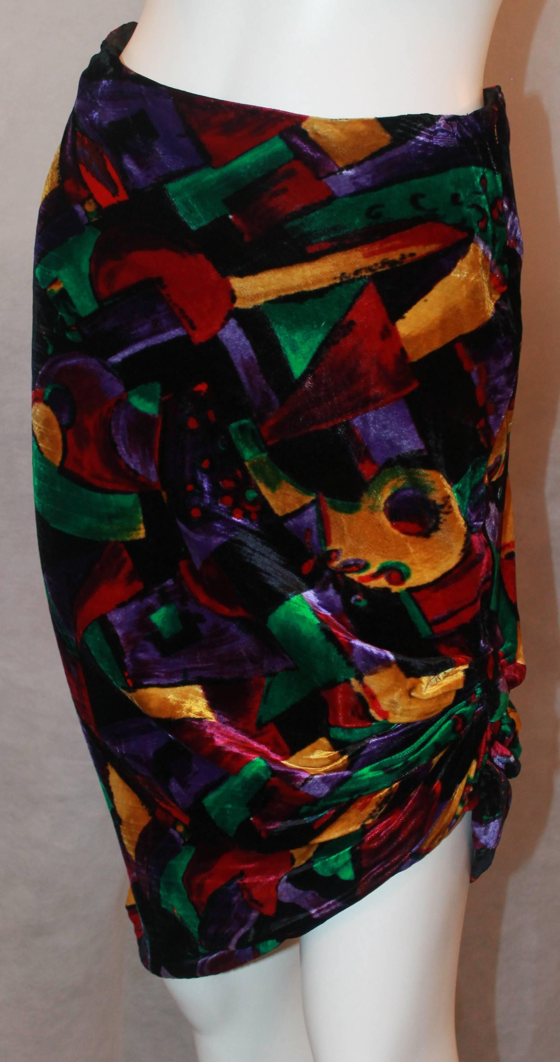 Gianni Versace Couture Vintage Abstract Velvet Skirt w/ Side Ruching - 4 -1990's.  This skirt is in excellent condition.  It features a unique abstract pattern, side ruching, an asymmetrical hem, and a lovely velvet