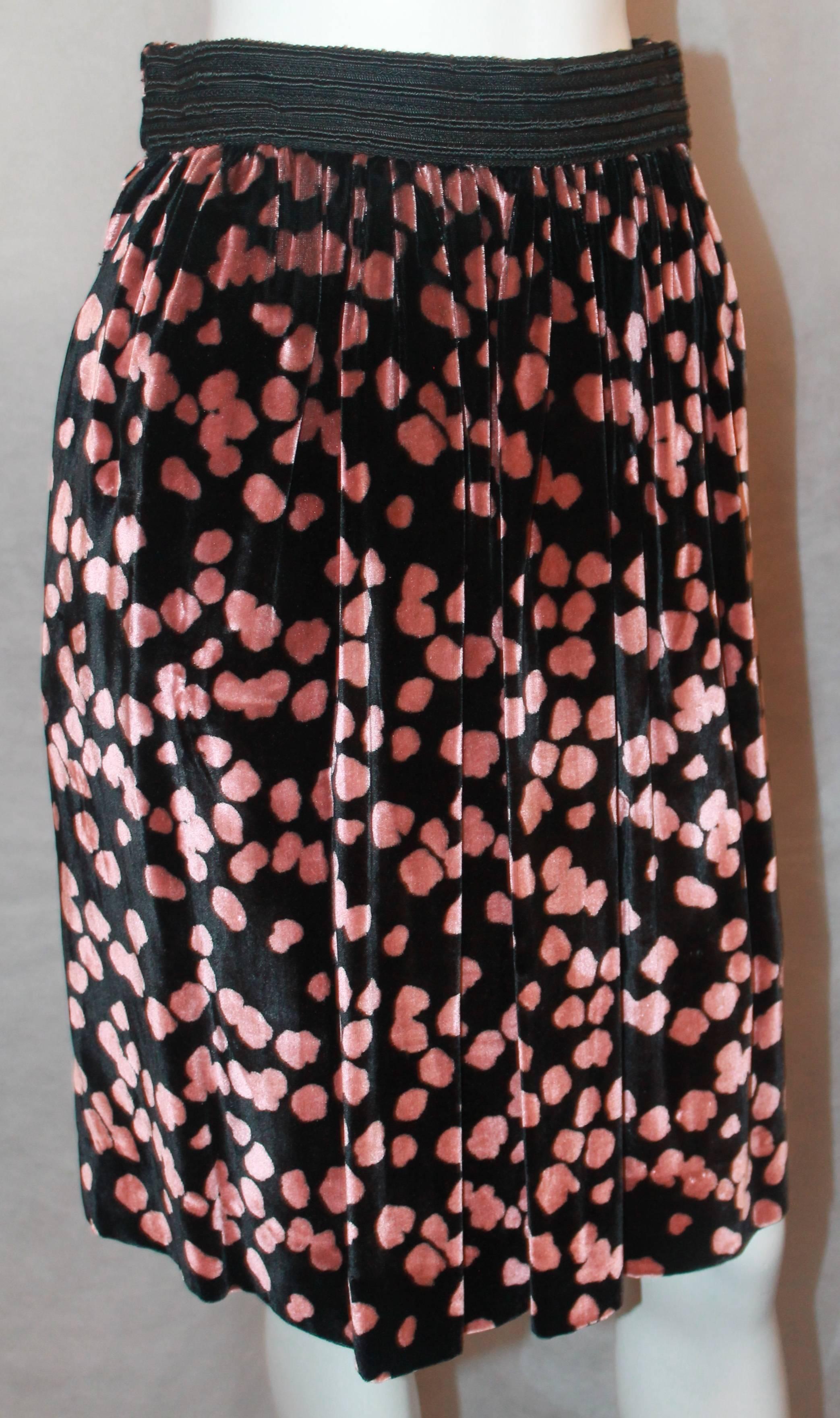 Galliano Vintage Black Velvet Skirt w/ Pink Spots - S - 1990's.  This adorable skirt is in excellent condition.  It features a lovely black velvet material with pink spots, silk lining, a black ribbon waistband in the front, a side pocket on the