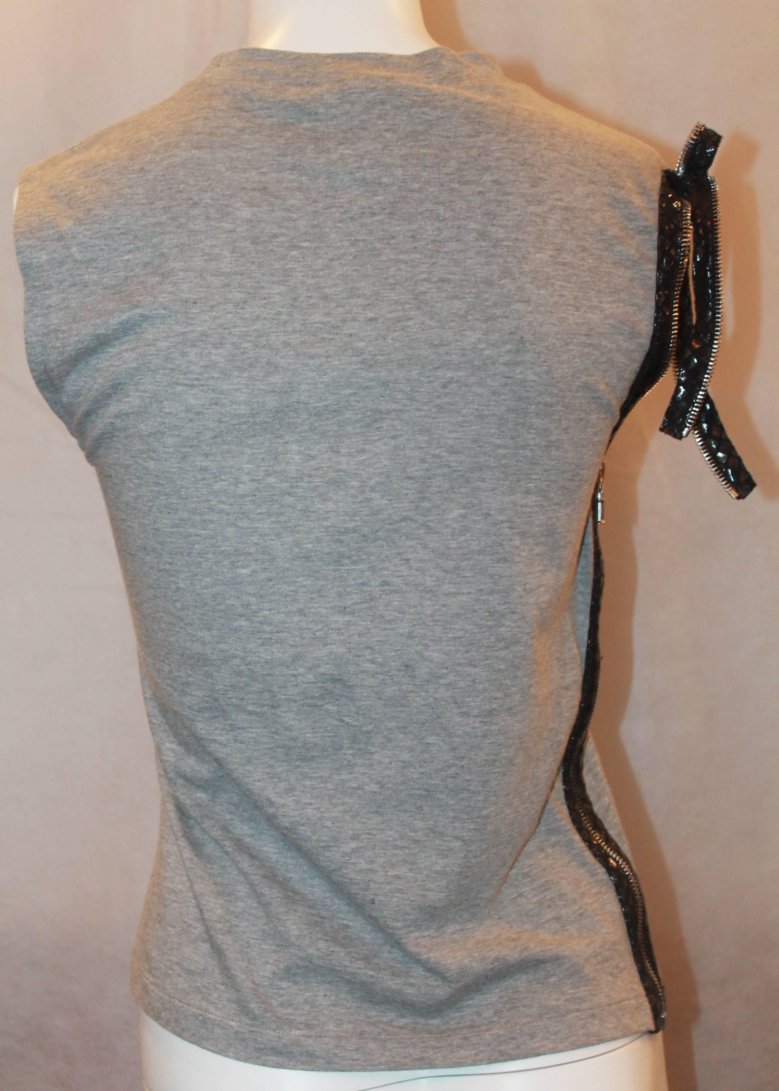 Gray Christian Dior Grey Cotton Sleeveless Top w/ Leather Side Zip & Bow- US: 8 FR:40