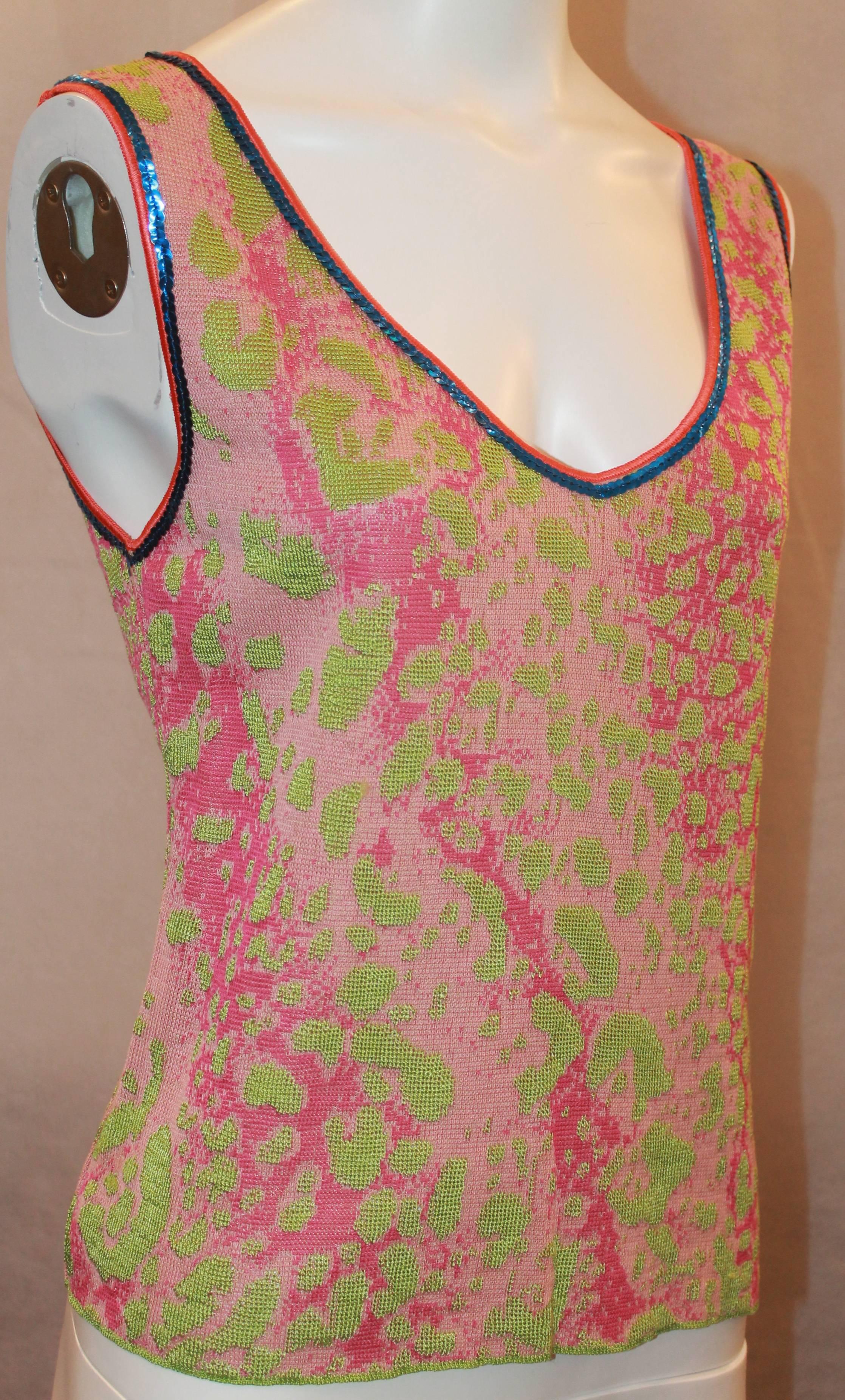 Emanuel Ungaro Pink & Green Silk Knit Tank w/ Blue Sequin Trim - 8 - NWT.  This lovely top is in excellent condition, new with tags.  It features a soft pink and green silk knit, a beautiful blue sequin trim, and a V-neck.

Measurements:
Bust: