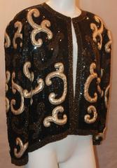 Frank Usher Vintage Black, Ivory, & Gold Silk, Sequin, & Beaded Jacket- L-1980's