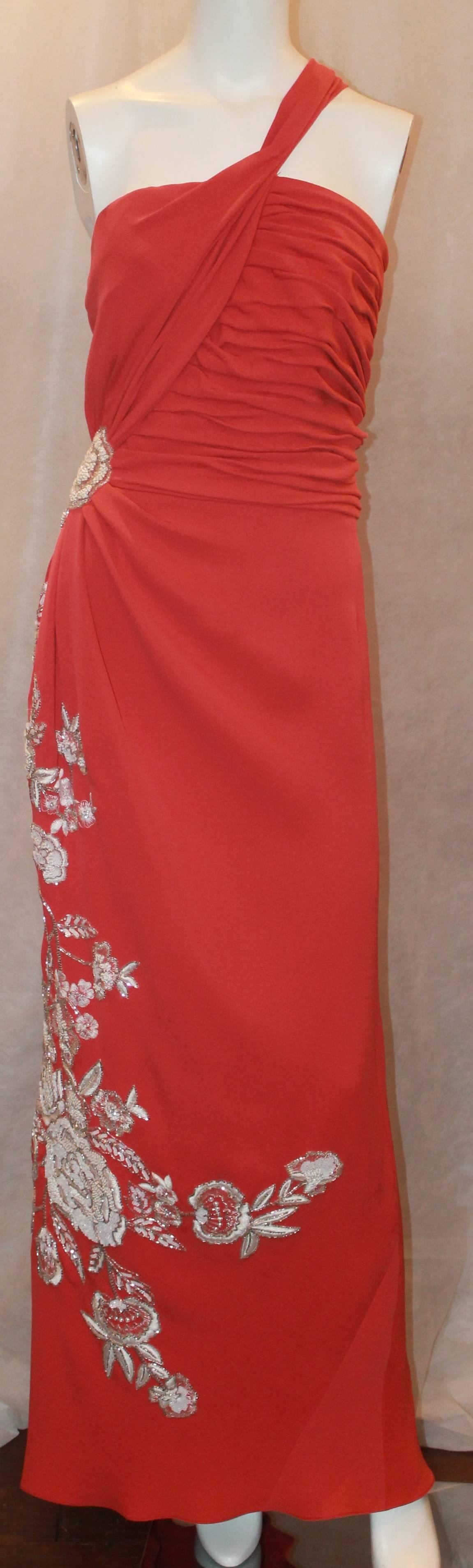 Naeem Khan Coral Silk One Shoulder Gown w/ White Floral Beading & Shawl - 12.  This beautiful gown is in excellent condition.  It features an intricately beautiful white floral beading cinched on the right side of the gown, a ruched, and an inbuilt