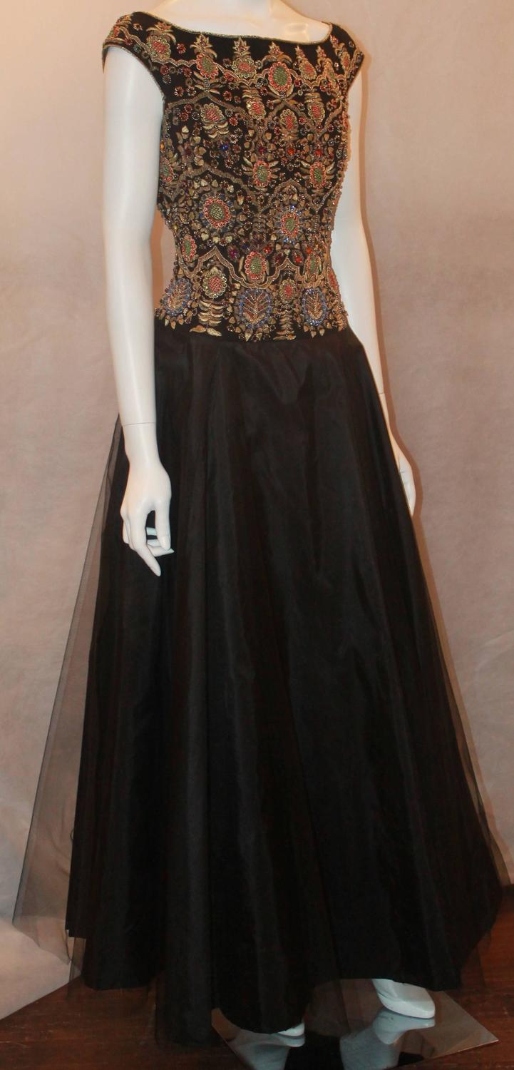 Escada Black Silk Sleeveless Gown w/ Multi Colored Beaded Bodice - 38 ...