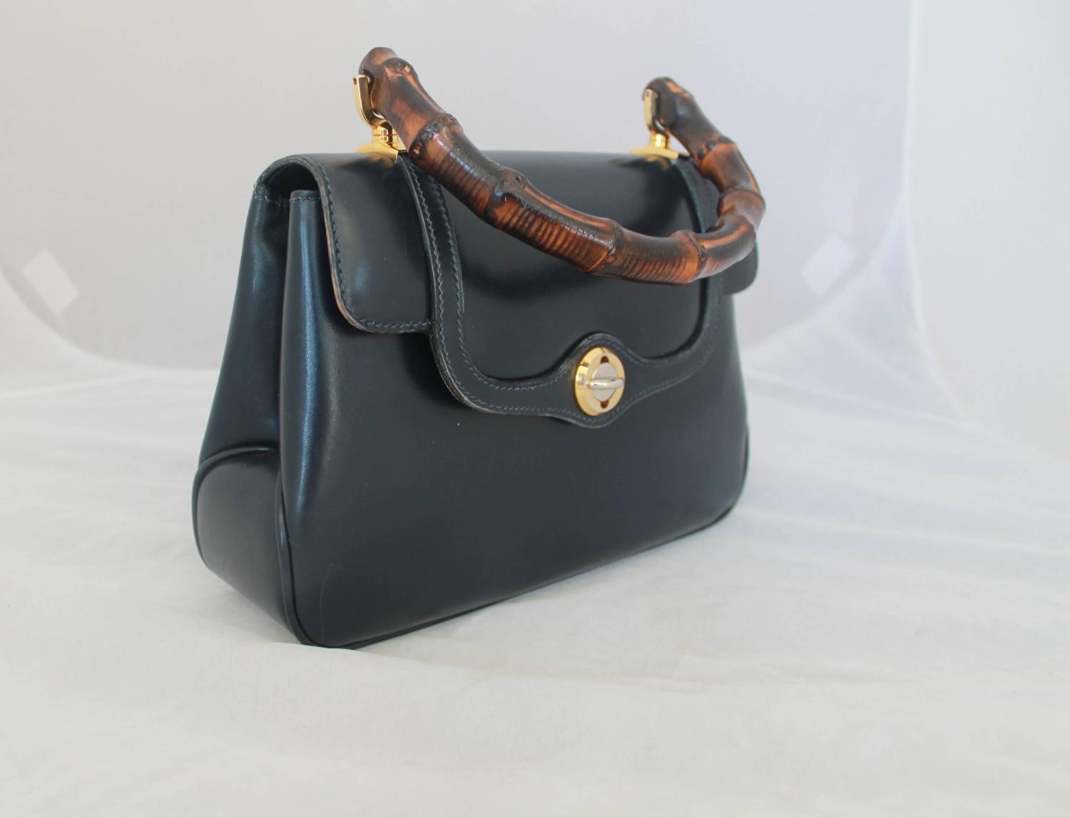 Gucci Vintage Navy Leather Bag with Bamboo Handle - circa 1950&#39;s For Sale at 1stdibs