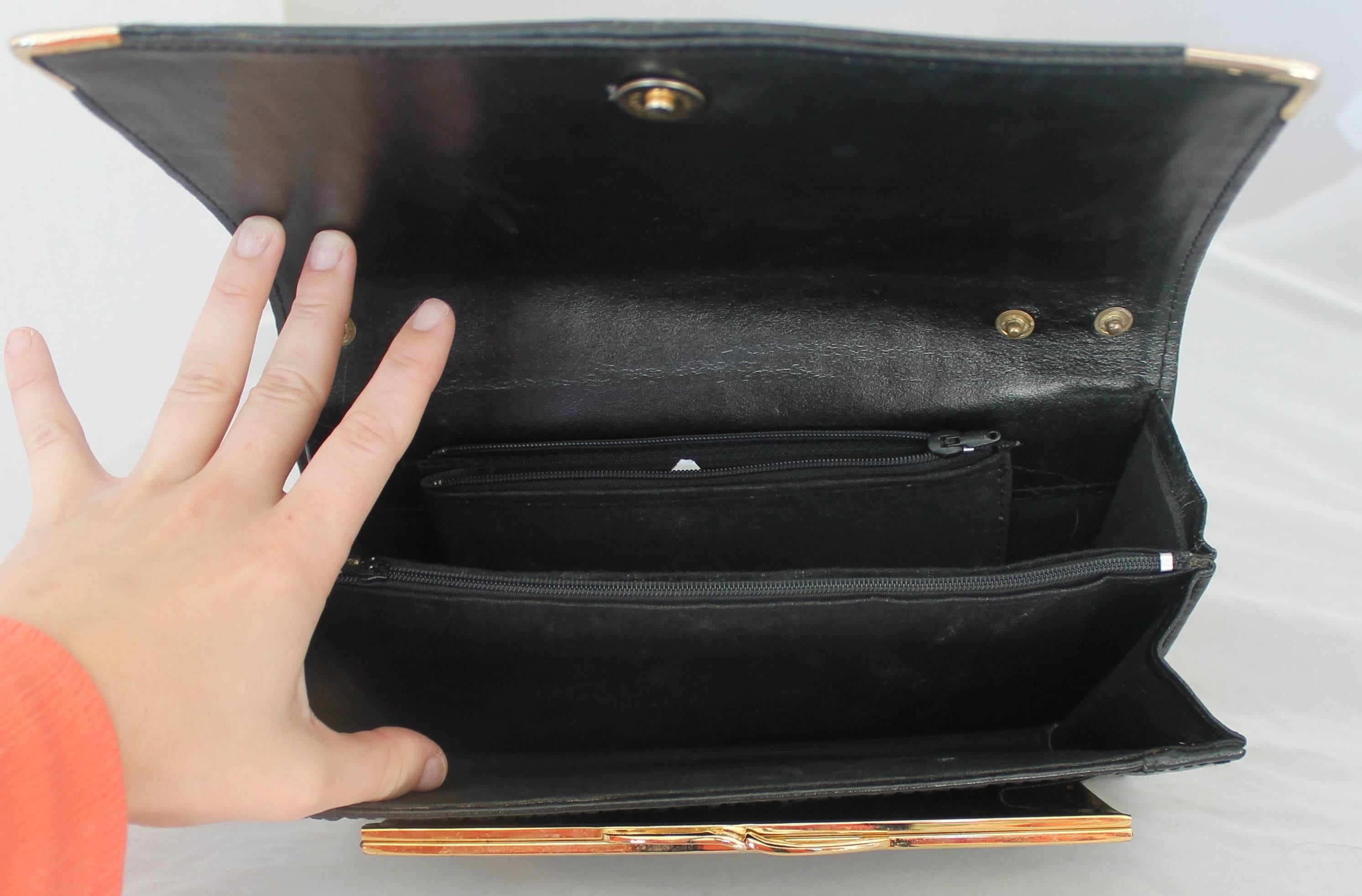Christian Dior Vintage Black Leather with Gold Hardware Clutch, Circa 1980s In Fair Condition In West Palm Beach, FL