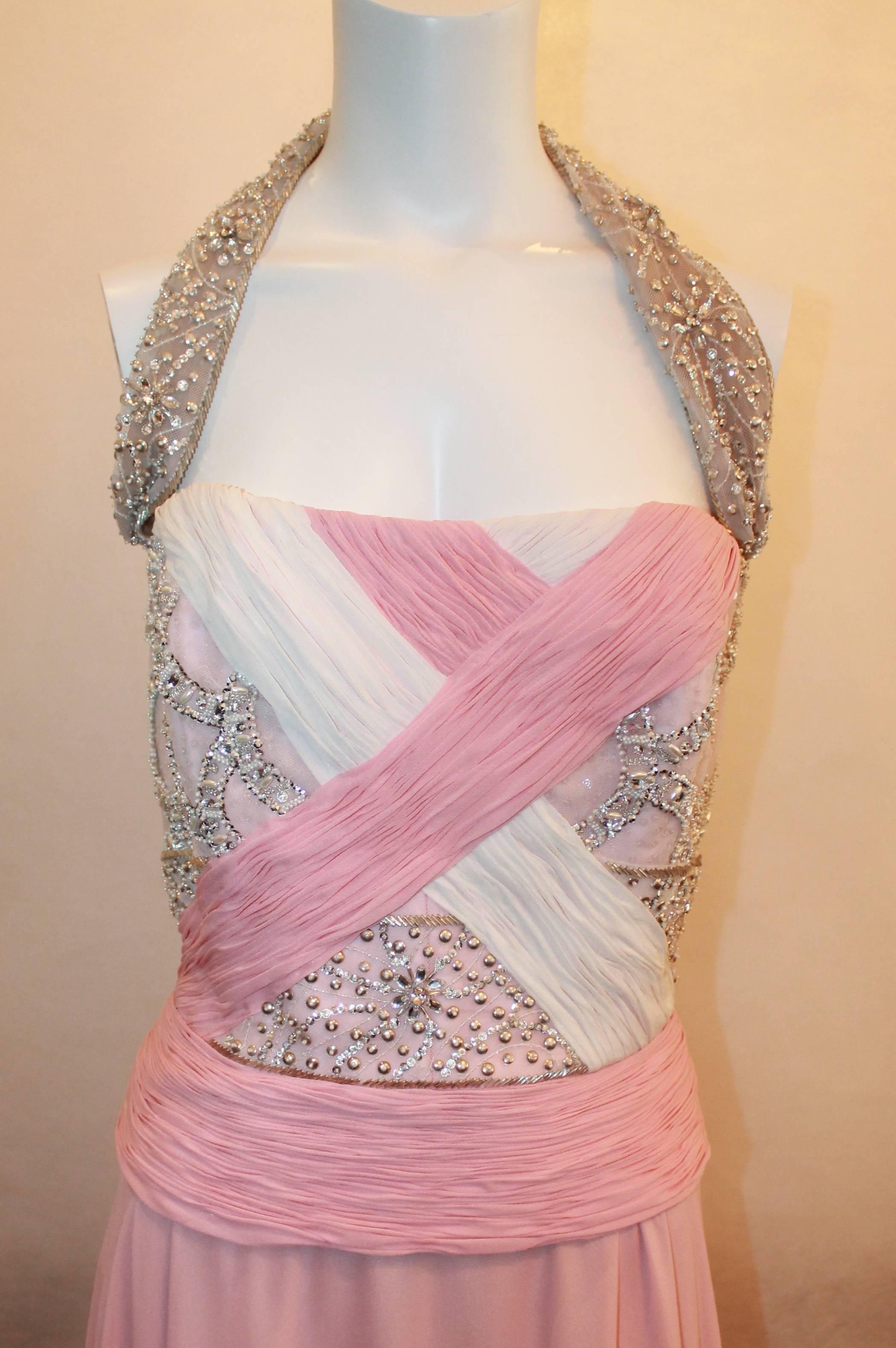 Bill Blass Pink Silk Chiffon & Mesh Gown w/ Beading - 10.  This gorgeous gown is in very good condition with only minor wear consistent with its age.  it features elegant pink silk chiffon and mesh fabrics, a striking beaded halter neckline, an