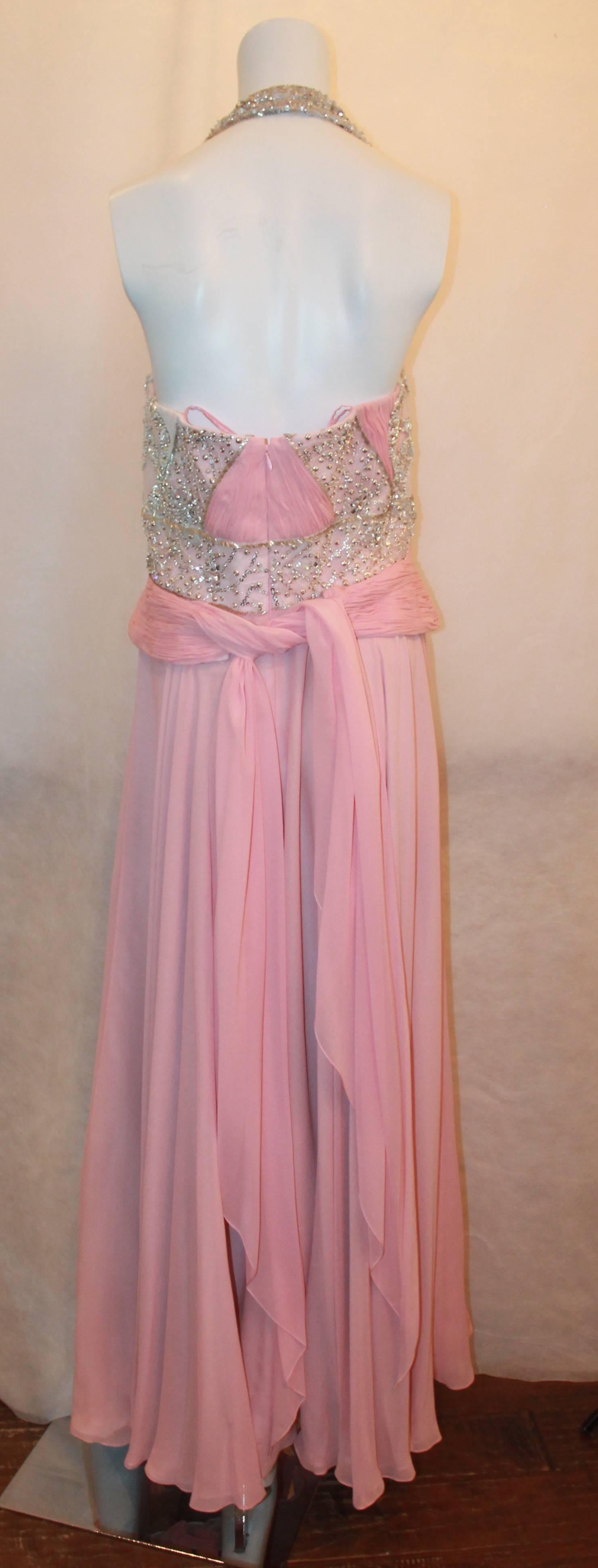 Bill Blass Pink Silk Chiffon & Mesh Gown with Beading - 10 In Good Condition In West Palm Beach, FL