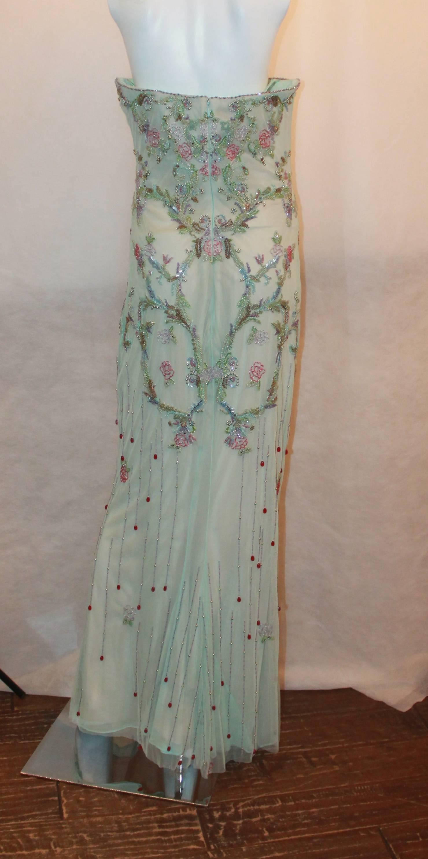 aqua beaded long sleeve gown