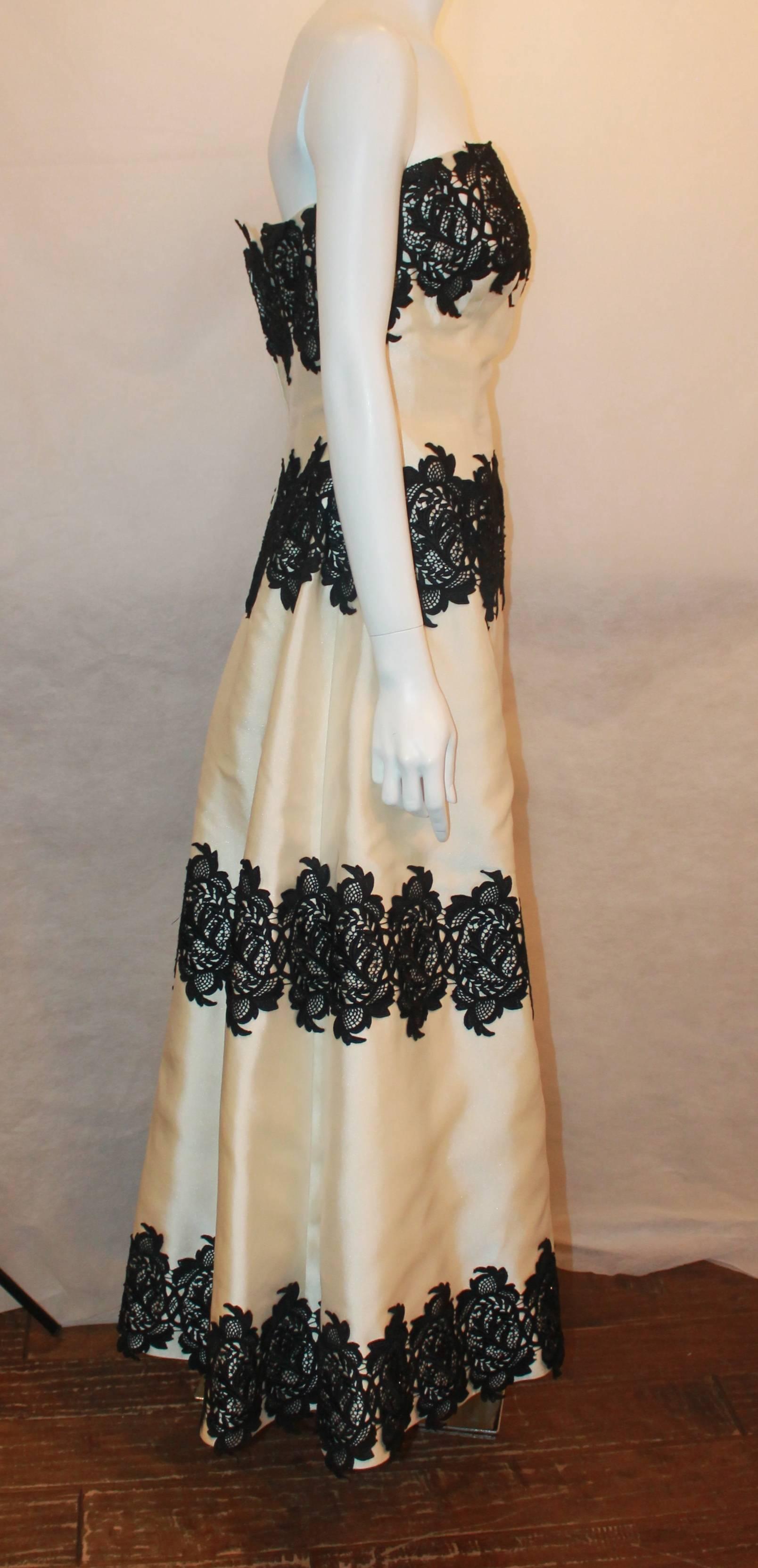 Beige Helen Morley Ivory Silk Blend w/ Black Lace Strapless Gown w/ Shawl - 12