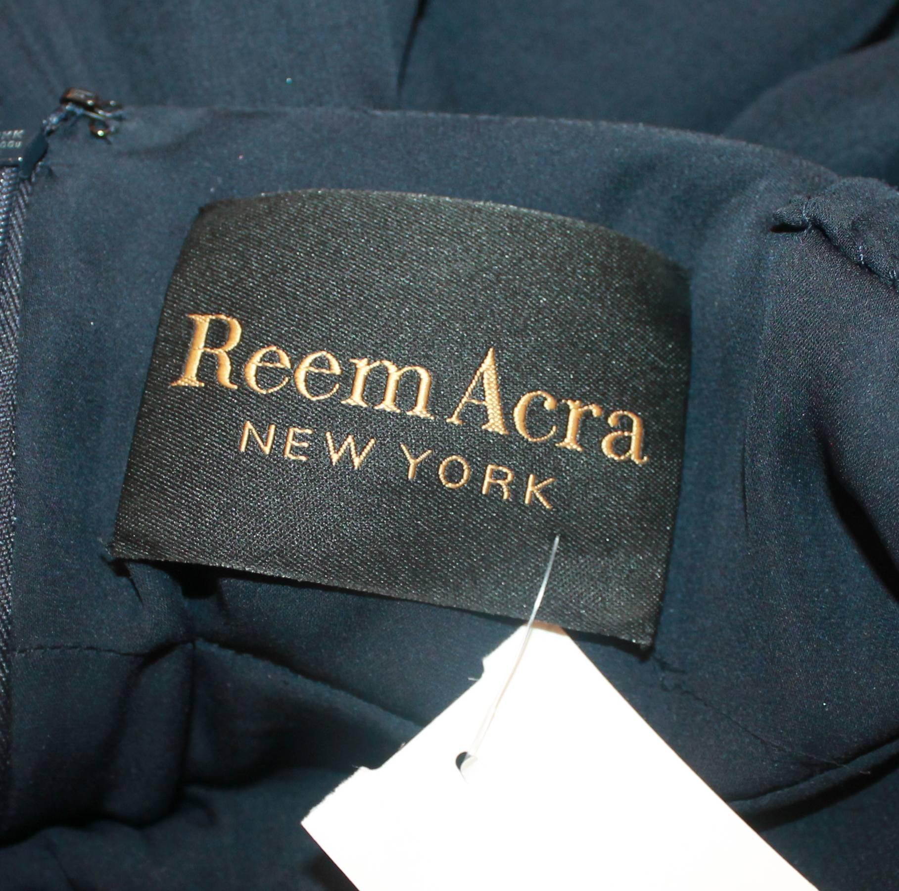 Reem Acra Navy Silk Chiffon Gown w/ Rhinestones, Ruched Bust, & Keyhole Slit -10 In Good Condition In West Palm Beach, FL