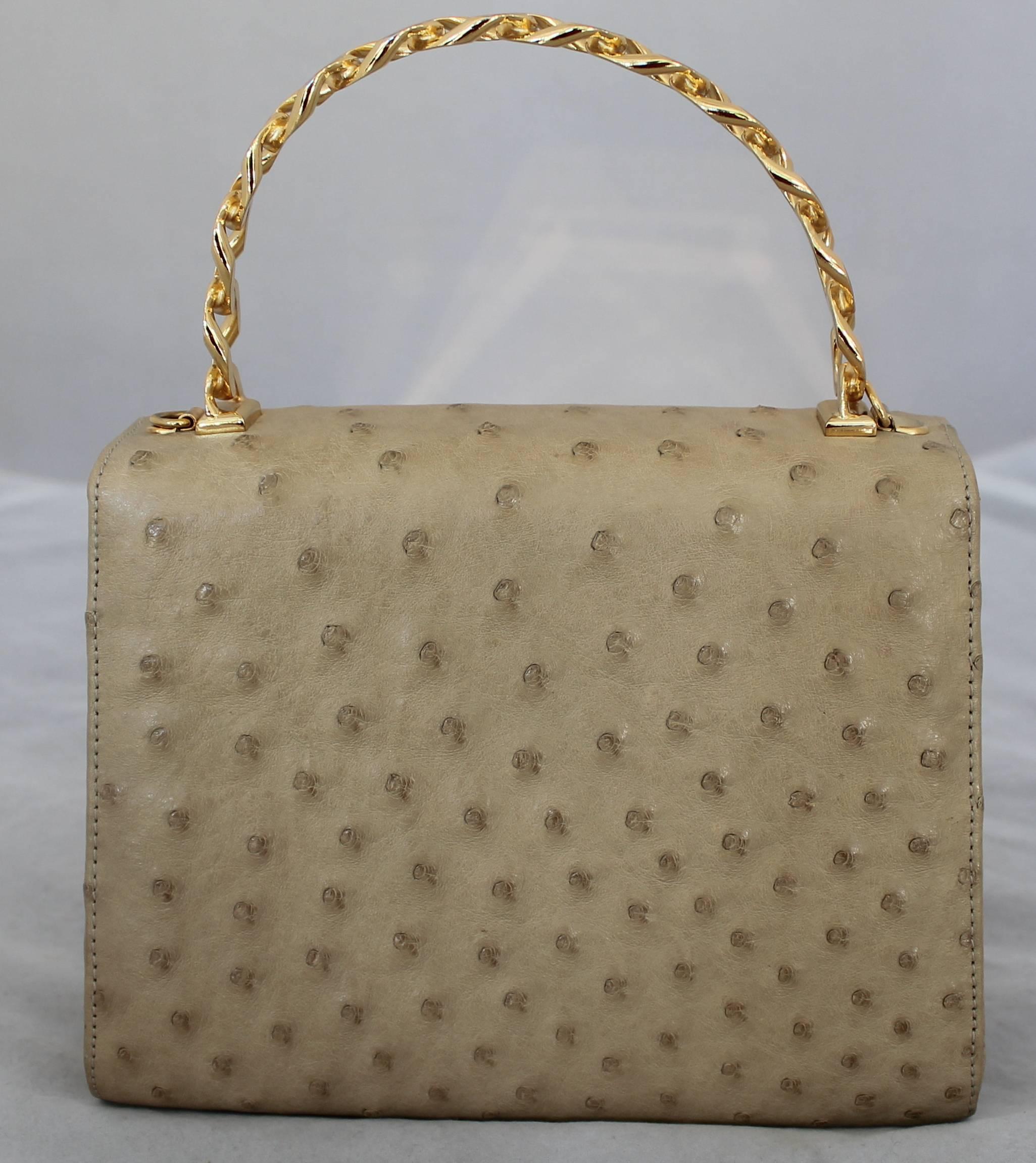 Brown Lana Marks Vintage Beige Ostrich Small Top Handle Bag w/ Crossbody Strap - GHW