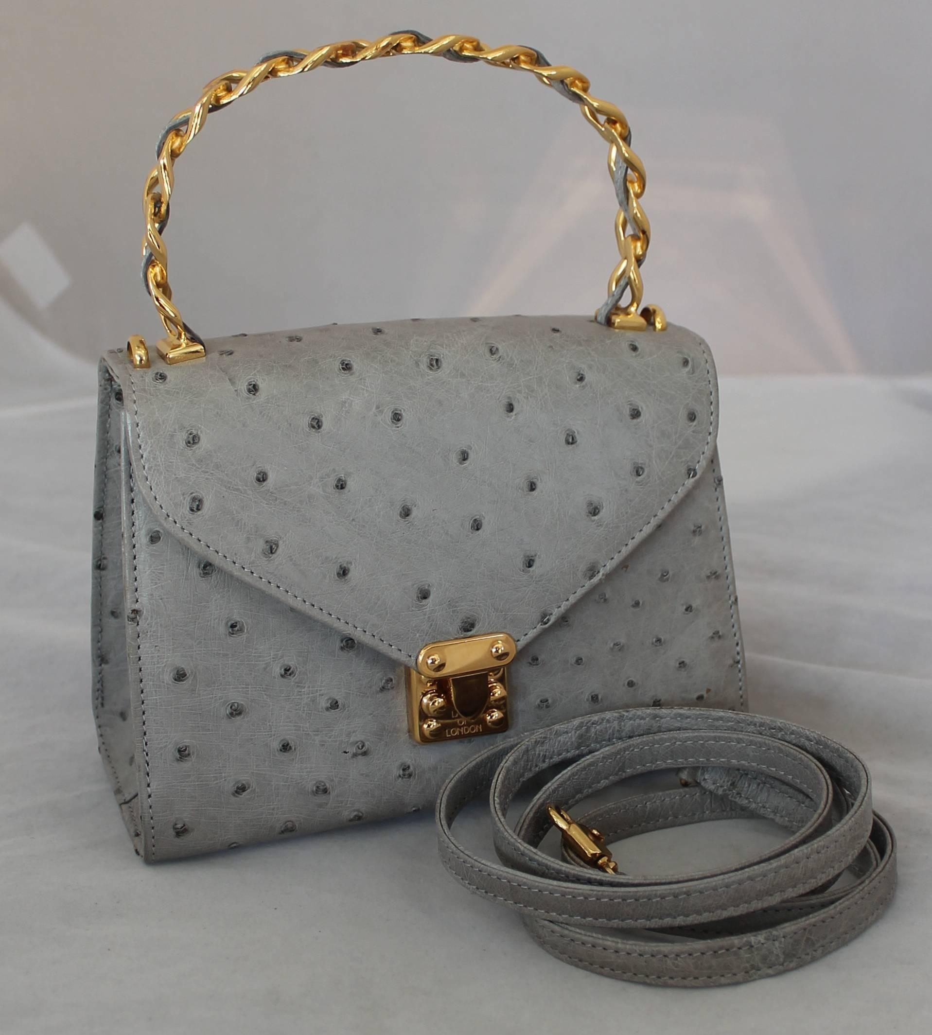 Lana Marks Vintage Grey Ostrich Small Top Handle Bag w/ Crossbody Strap - GHW.  This adorable vintage bag is in very good condition with only some wear consistent with its age.  It features a beautiful ostrich exterior, a gold chain link top handle