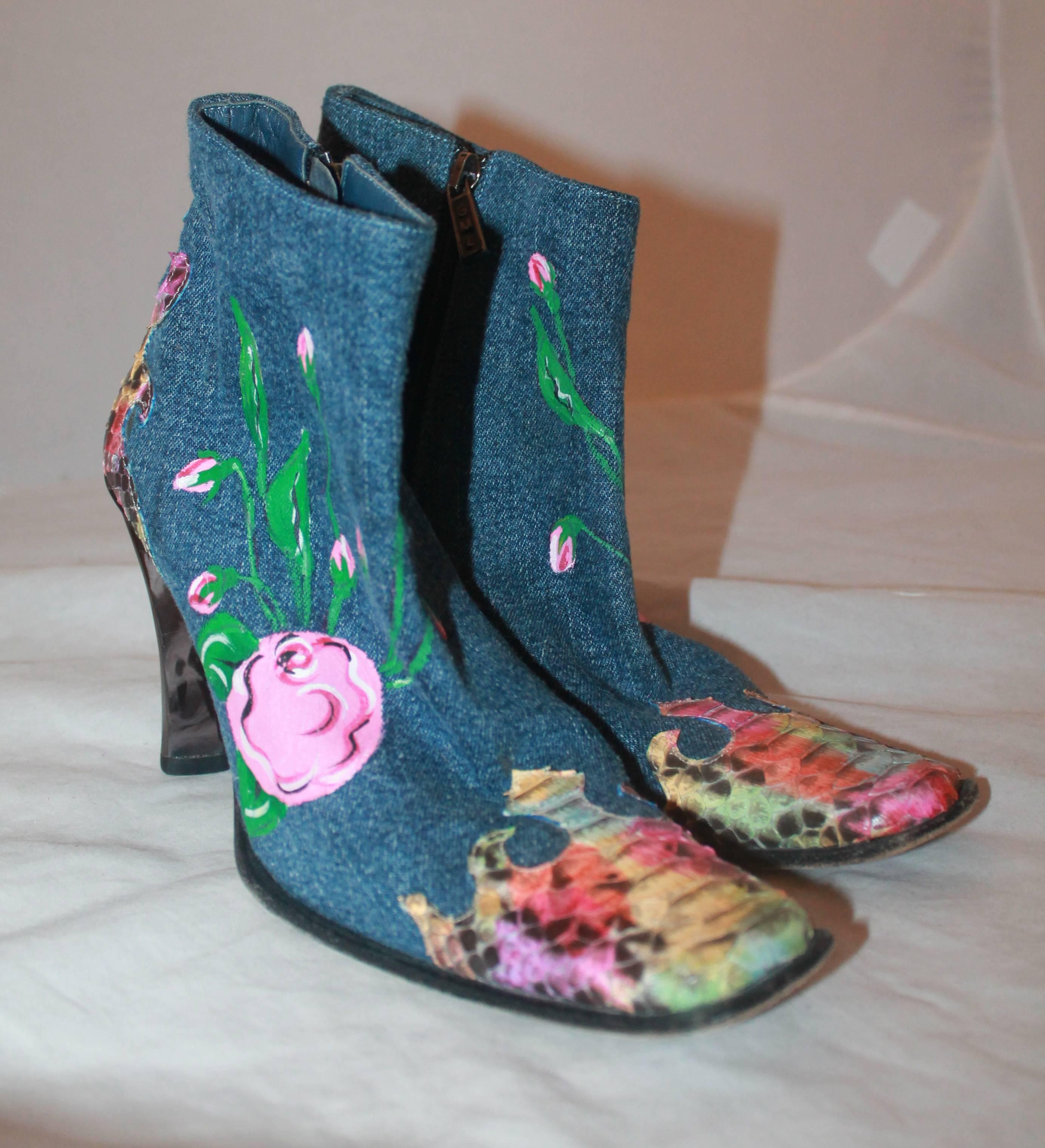 GianMarco Lorenzi Denim w/ Floral Paint & Multi Color Python & Brushed Heel - 35.  These unique boots are in good condition with only some wear to the bottom from use.  These boots feature a denim material, pink floral painting, unique multi colored