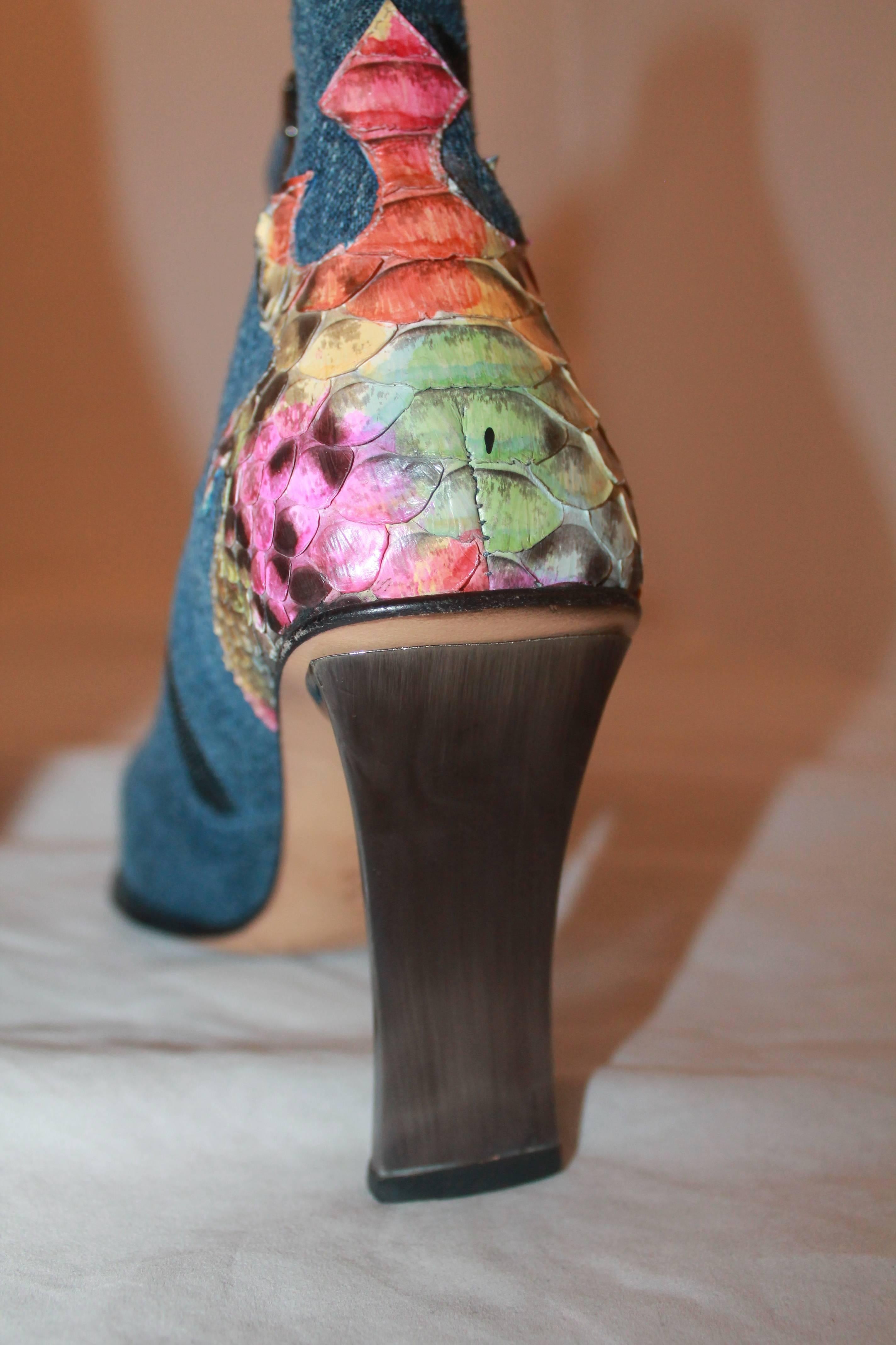 GianMarco Lorenzi Denim w/ Floral Paint & Multi Color Python & Brushed Heel - 35 In Good Condition In West Palm Beach, FL