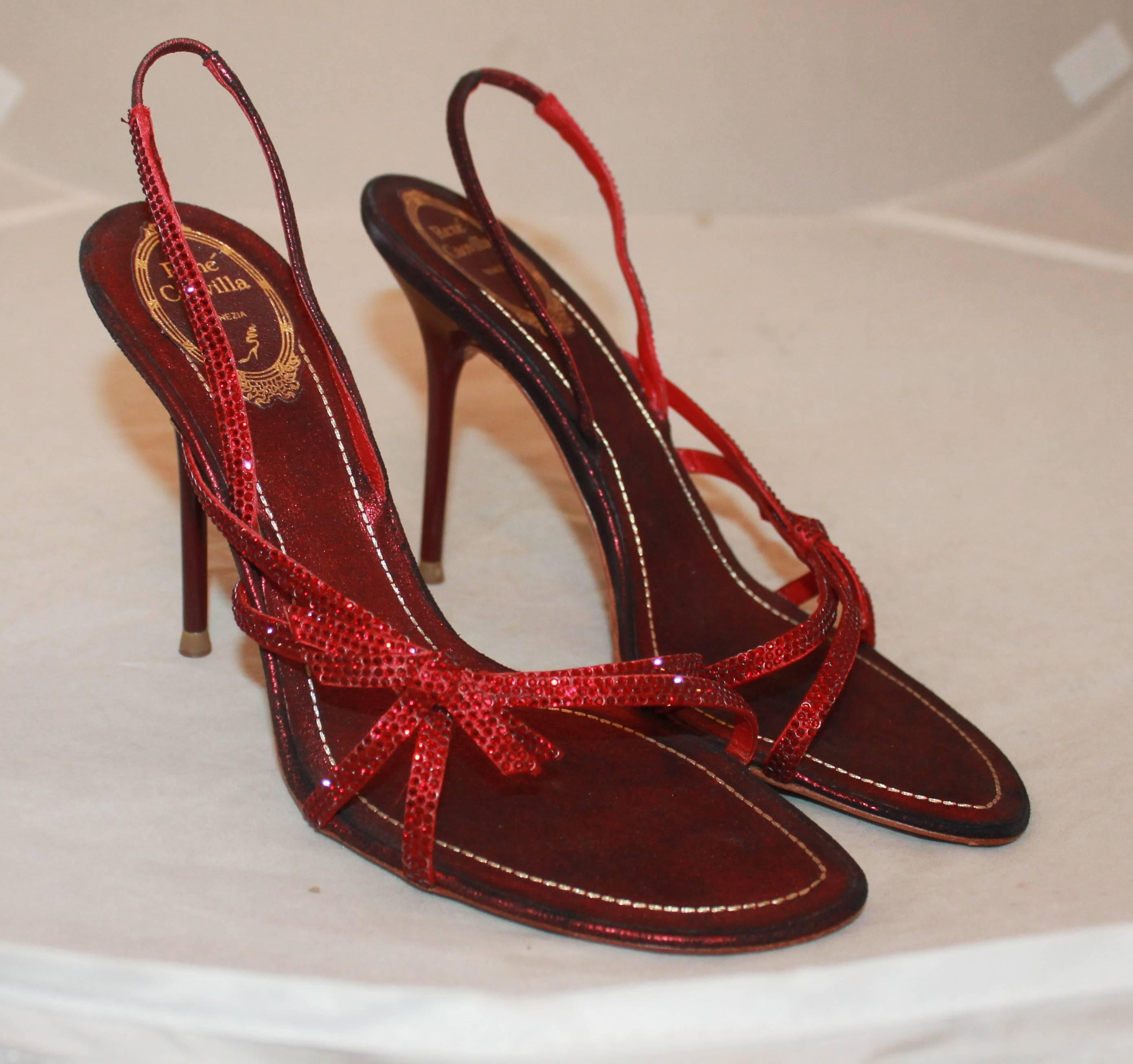 Rene Caovilla Red Strappy Sandals with Rhinestones - 39.5. They are new and have never been worn. These evening heels  are truly gorgeous and have a 