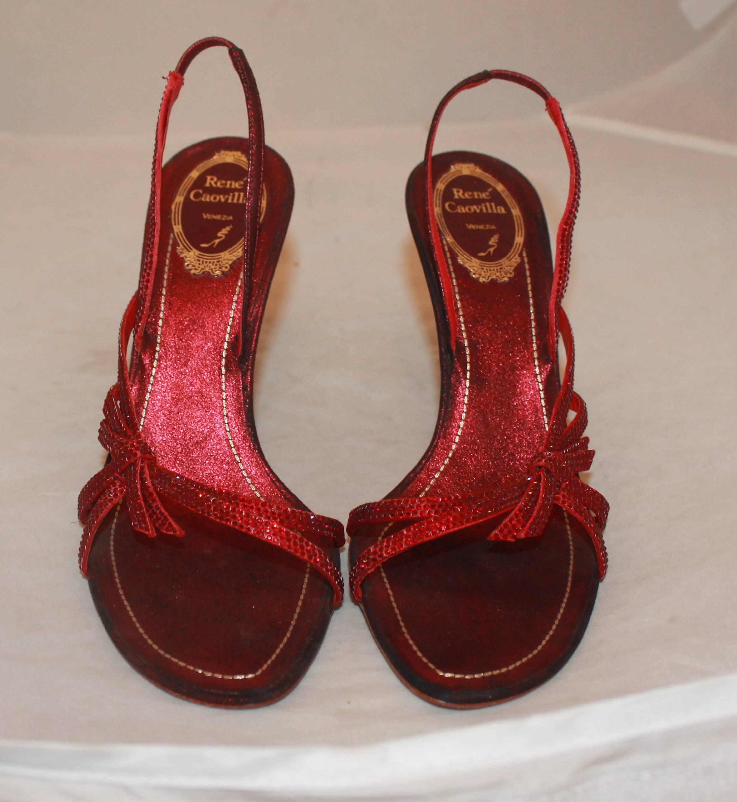 Brown Rene Caovilla Red Strappy Sandals with Rhinestones - 39.5