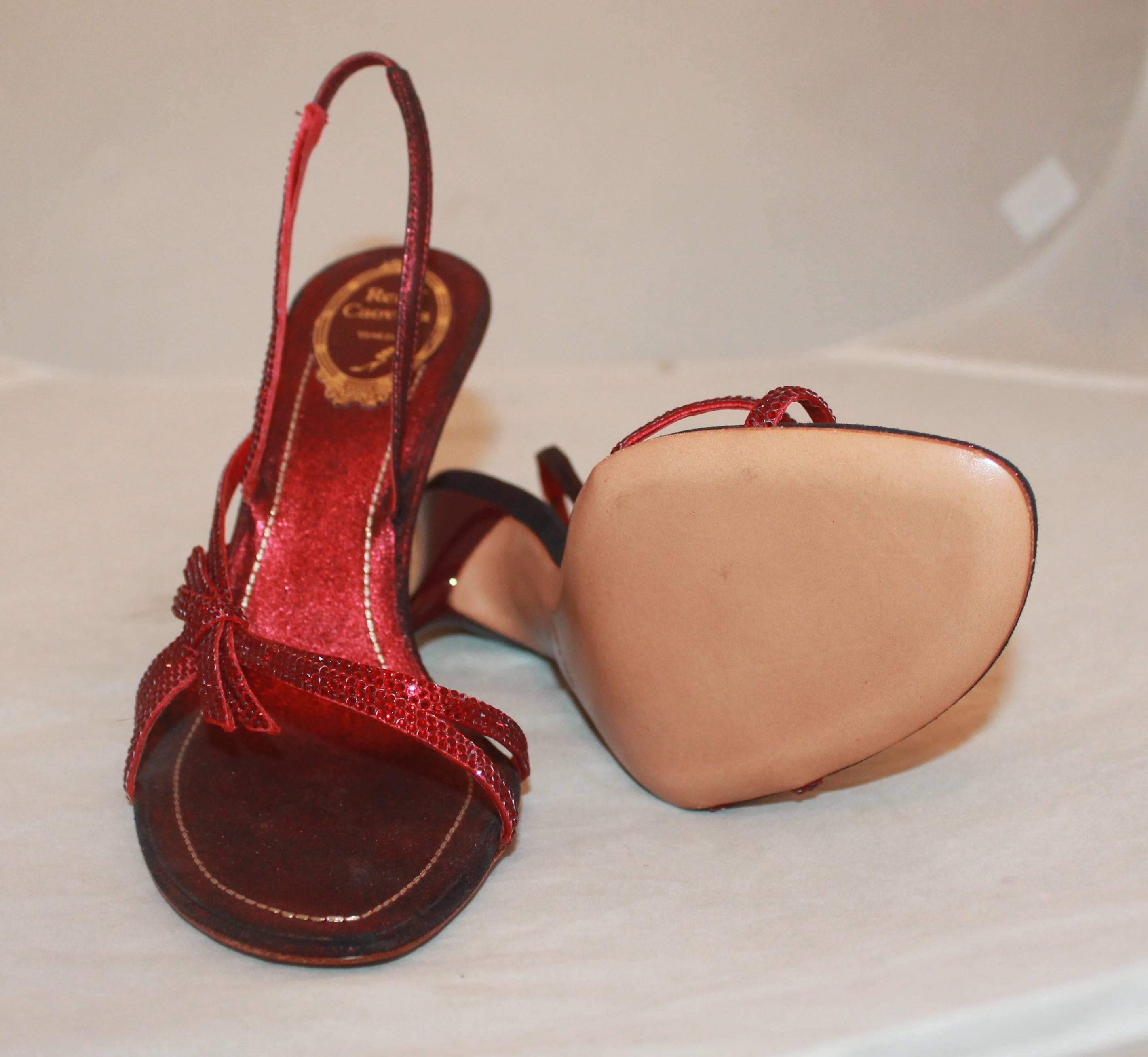 Women's Rene Caovilla Red Strappy Sandals with Rhinestones - 39.5