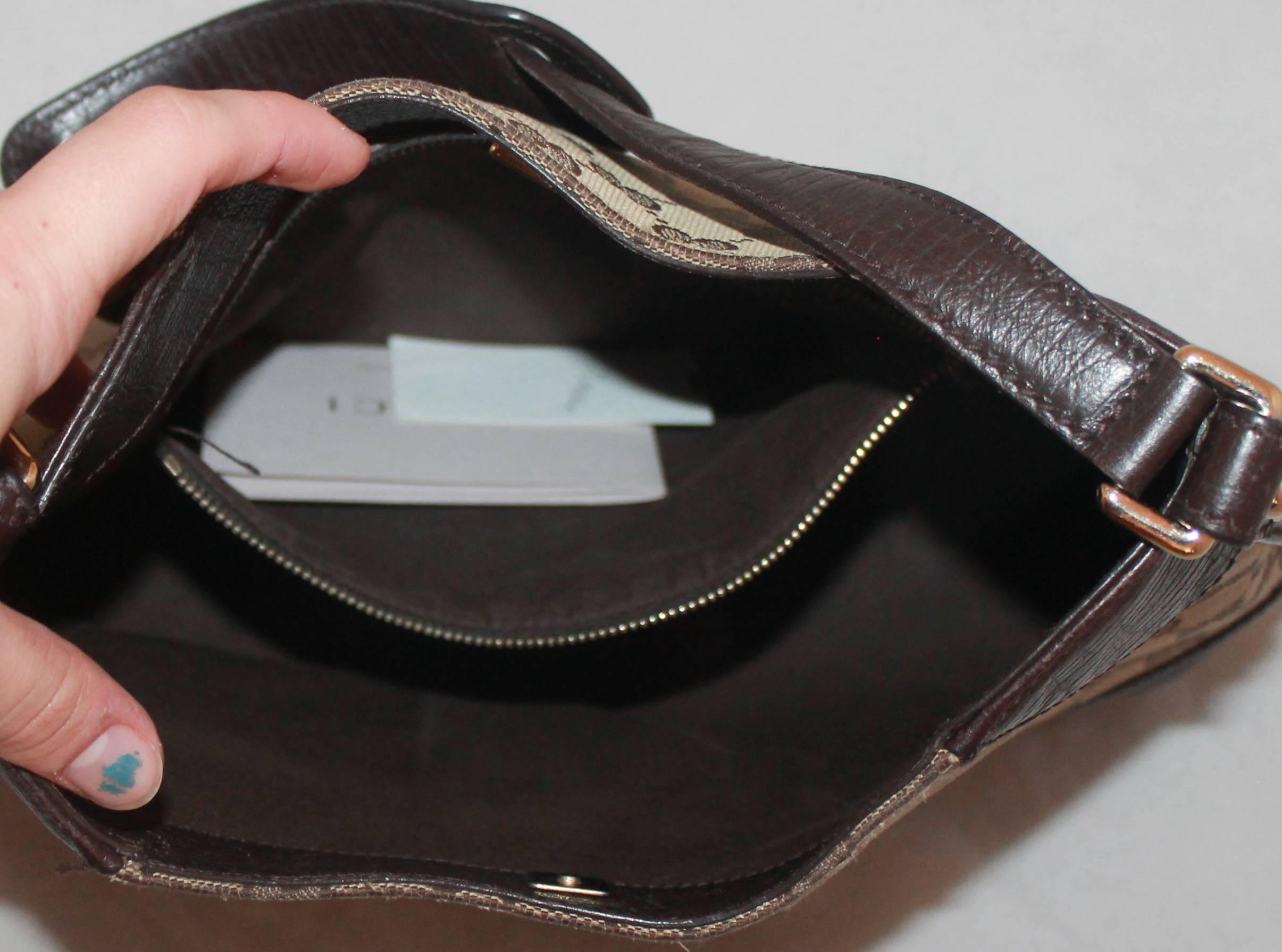 Gray Gucci Brown Hasler Monogram Shoulder Bag w/ Horse Bit & Leather Trim - GHW