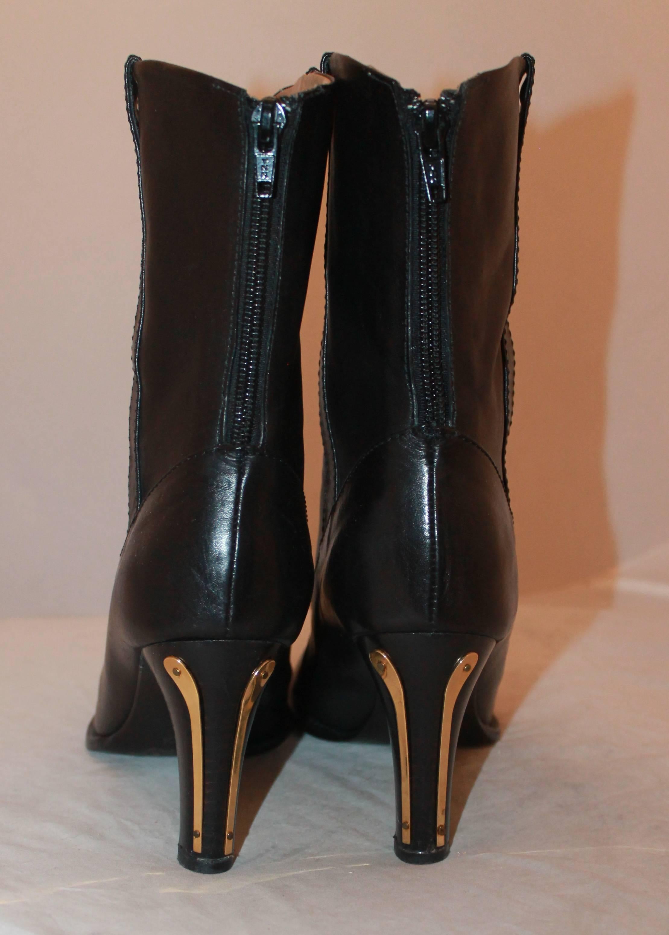 Women's Chloe Black Leather Boots with Gold Detail - 38.5