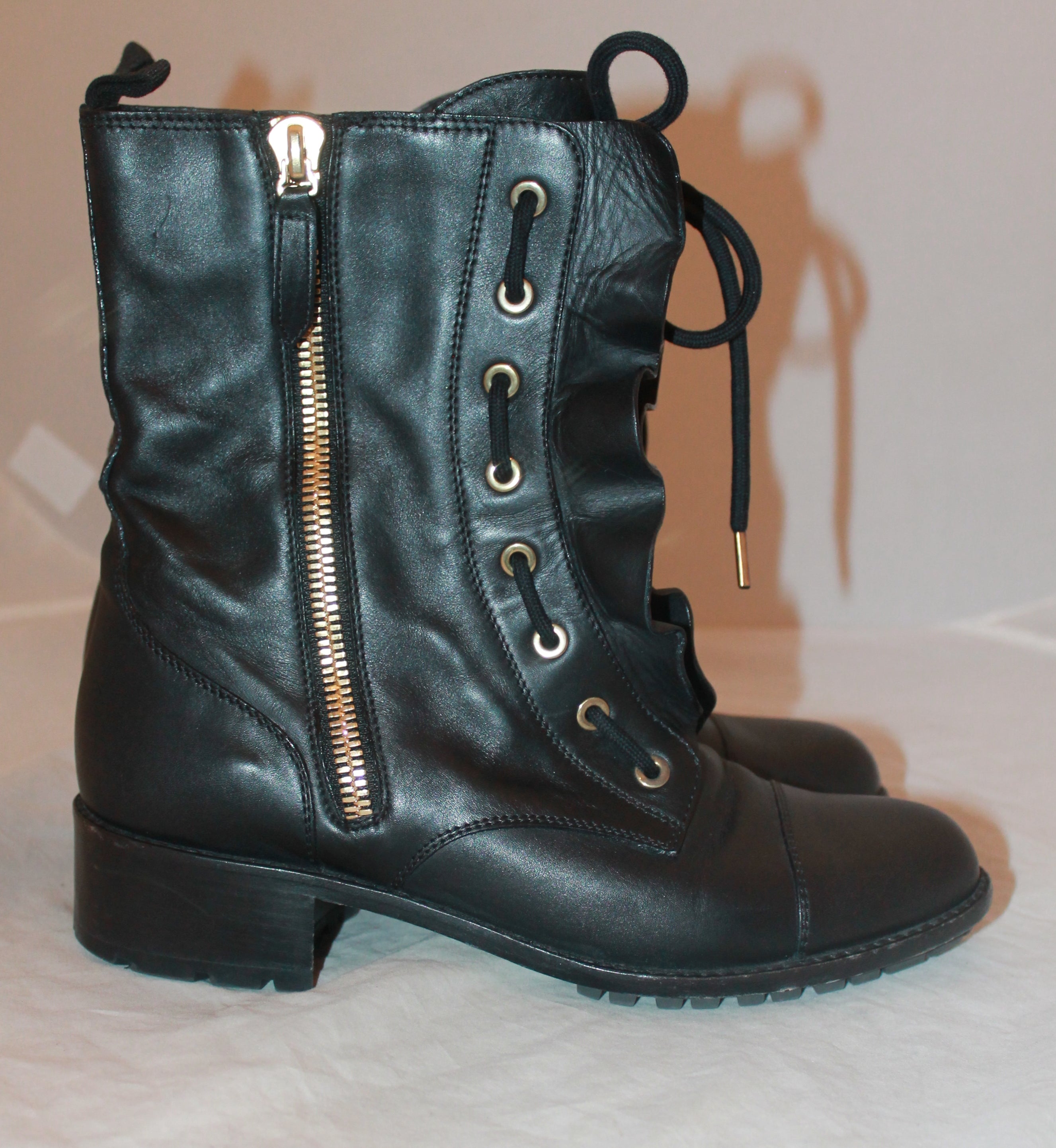 Valentino Black Leather Ruffle Combat 
