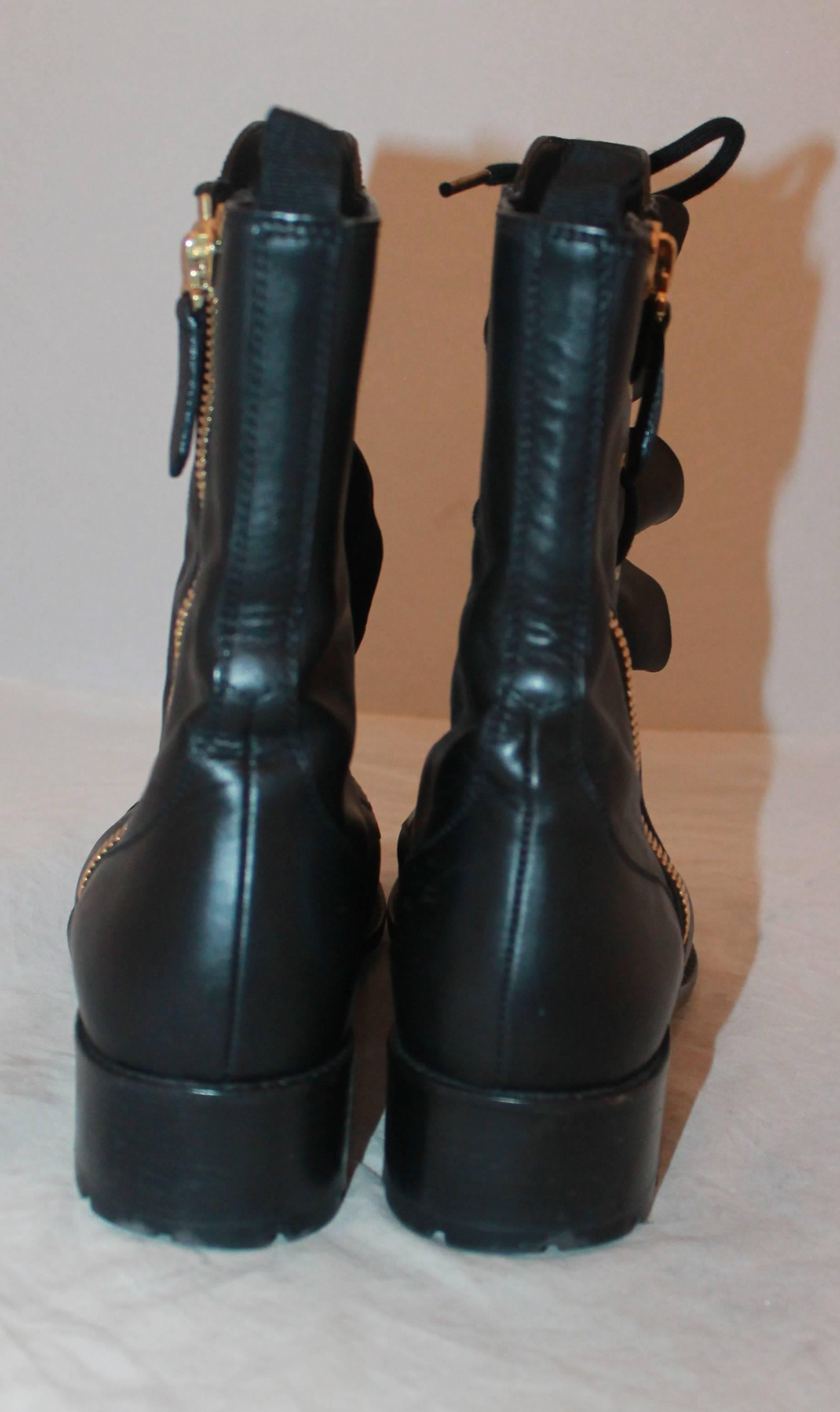 Women's Valentino Black Leather Ruffle Combat Boots - 38 - Retail: $1200