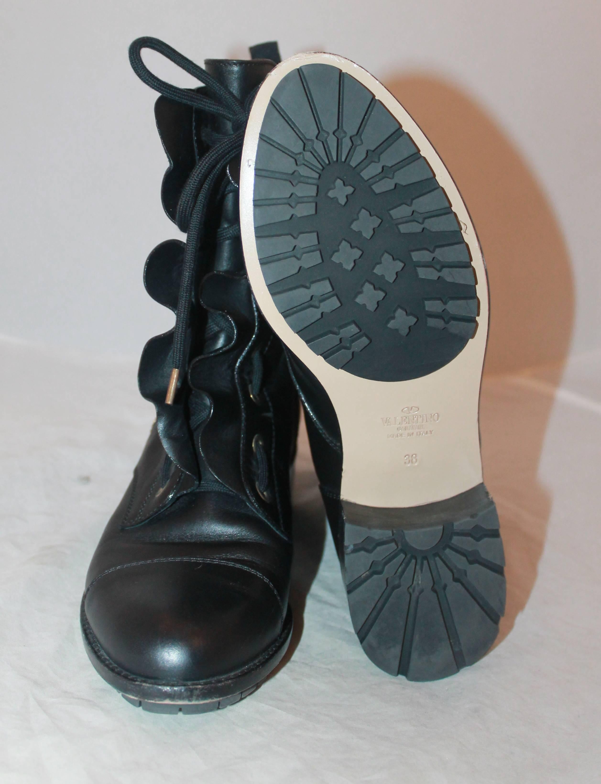 Valentino Black Leather Ruffle Combat Boots - 38 - Retail: $1200 1