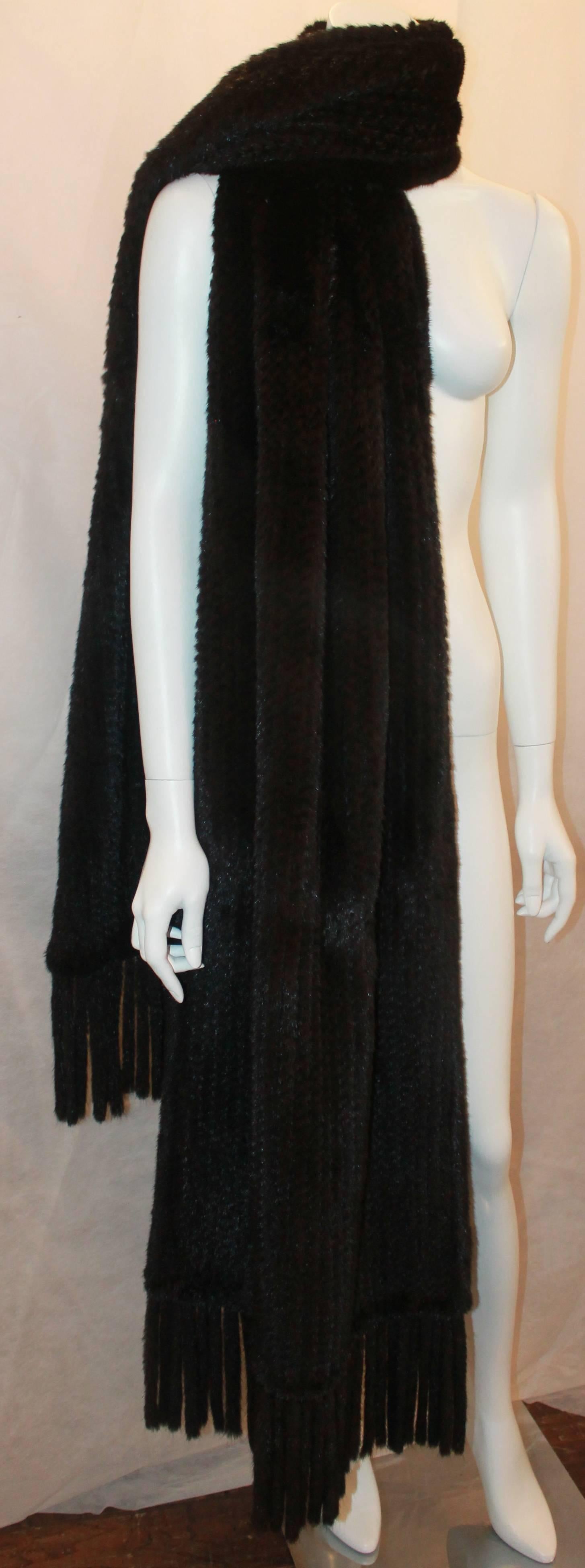 Women's Dennis Basso Black Knitted Mink Stole w/ Tassels