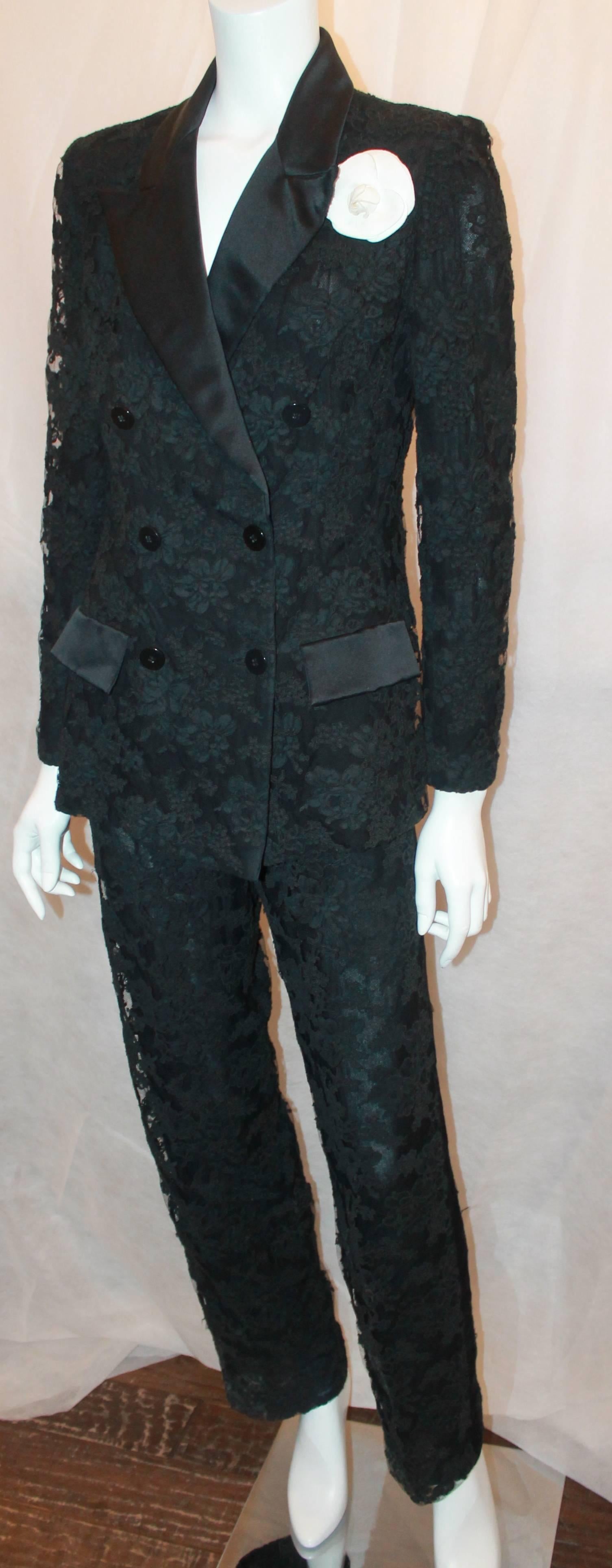 Bill Blass Vintage Black Tuxedo Style Soutache Lace Pant Suit - 8 - Circa 1990's.  This vintage suit is in excellent condition.  The jacket features a double-breasted style, a satin silk collar and two imitation pockets.  The pants feature a ribbon